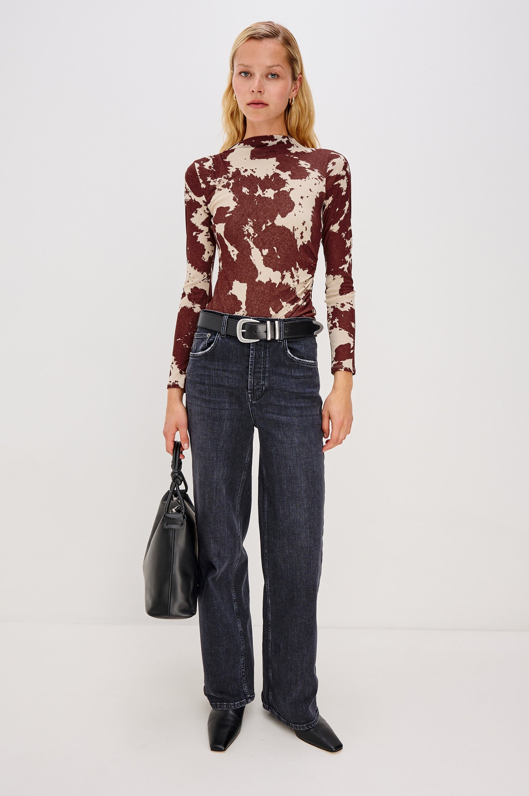Joelle Long Sleeve Top with An Asymmetrical Mock Neck and Shirring on the Right Shoulder in Cowgirl Colorway - Full Body Front View Featured on Model