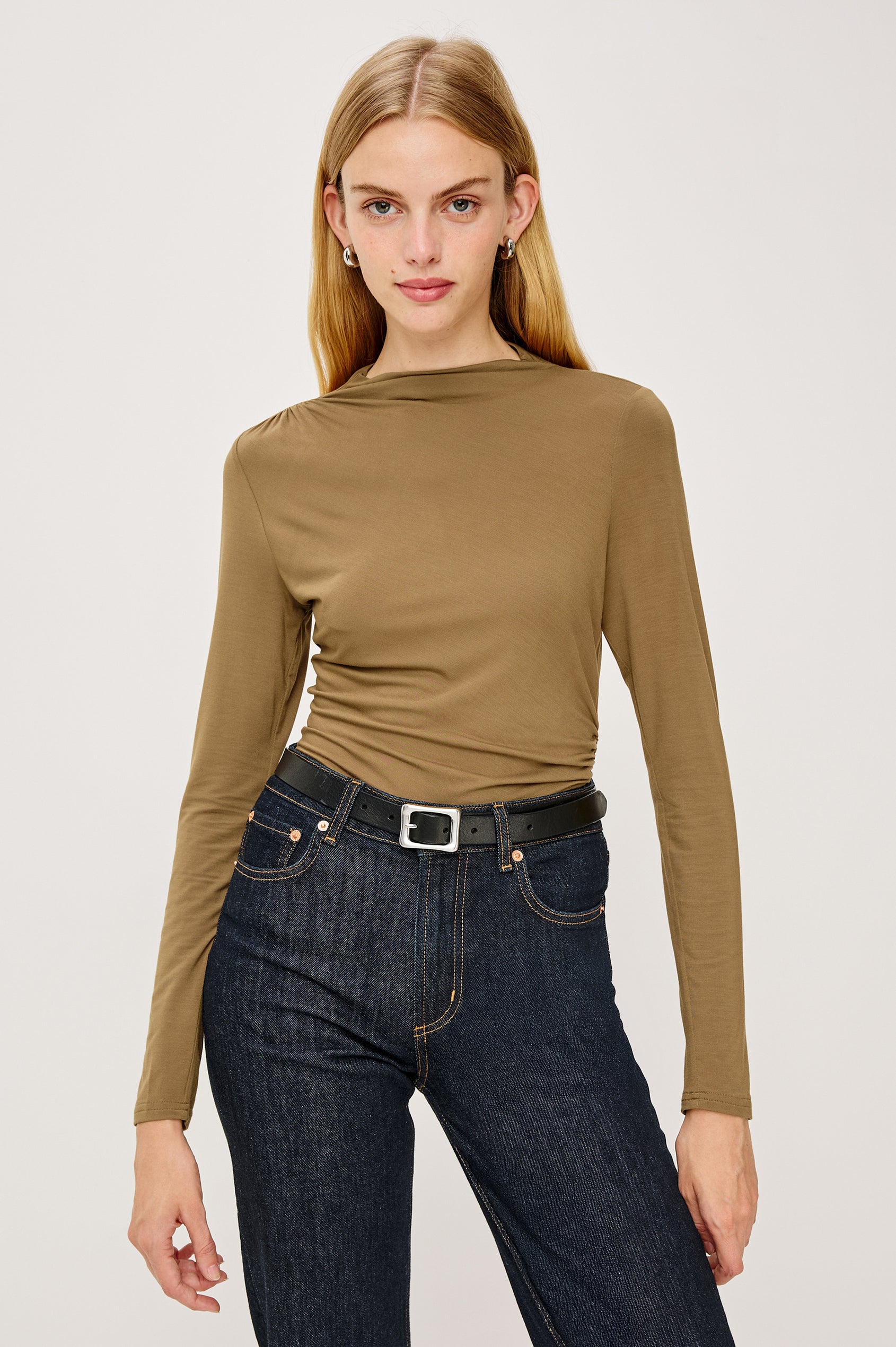 Joelle Top in Soft Gauze Jersey With Soft Mock Neck, Fitted Silhouette, Side Shirring, and Long Sleeves in Ginger Colorway - Upper Body Front View Featued on Model