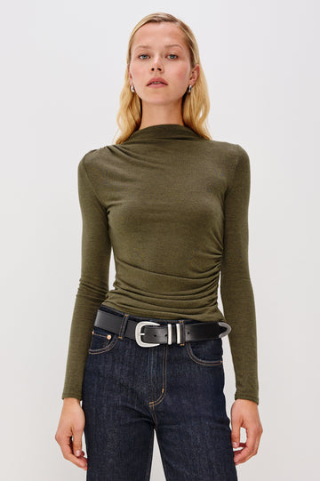 Joelle Long Sleeve Top with An Asymmetrical Mock Neck and Shirring on the Right Shoulder in Heather Olive Colorway - Front View Featured on Model