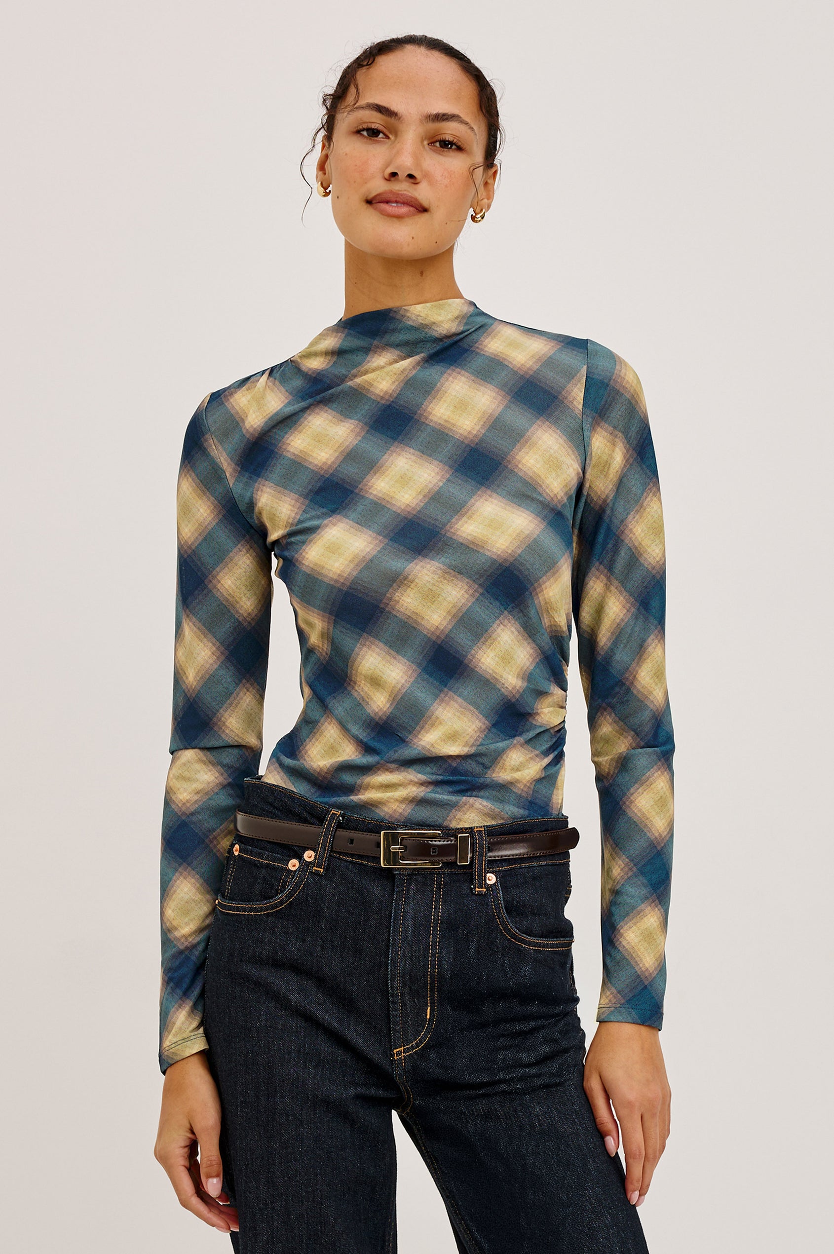 Joelle Top in Mesh With High Funnel Neckline, Long Sleeves, Self-Lined Body, and Asymmetric Ruching at Shoulder and Waist in Navy Sage Plaid Colorway - Upper Body Front View Featured on Model