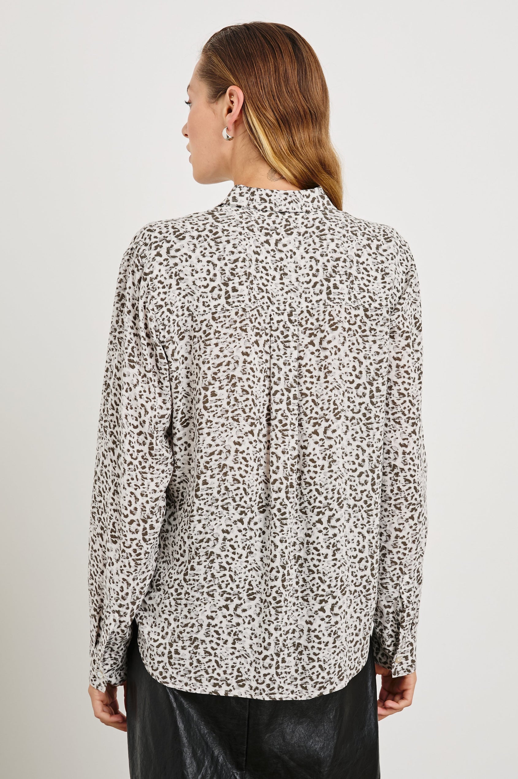 Josephine Long-Sleeve Button Down with a Chest Patch Pocket in Charcoal Watercolor Cheetah Colorway, Grey Spots on White - Back View Featured on Model