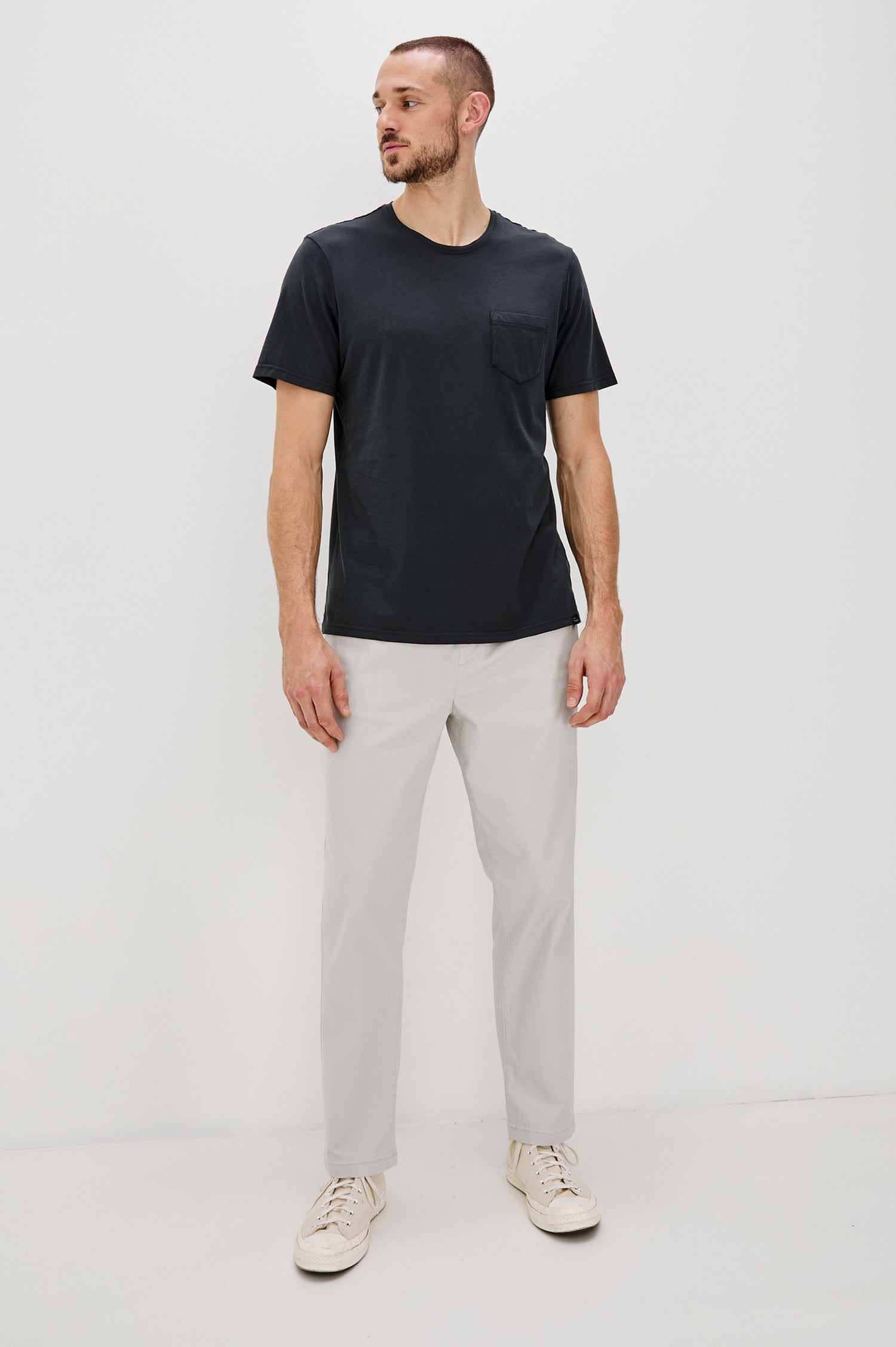 Johnny T-Shirt in Modal Jersey With Short Sleeves, Chest Patch Pocket, and Classic Fit in Carbon Colorway - Full Body Front View Featured on Model