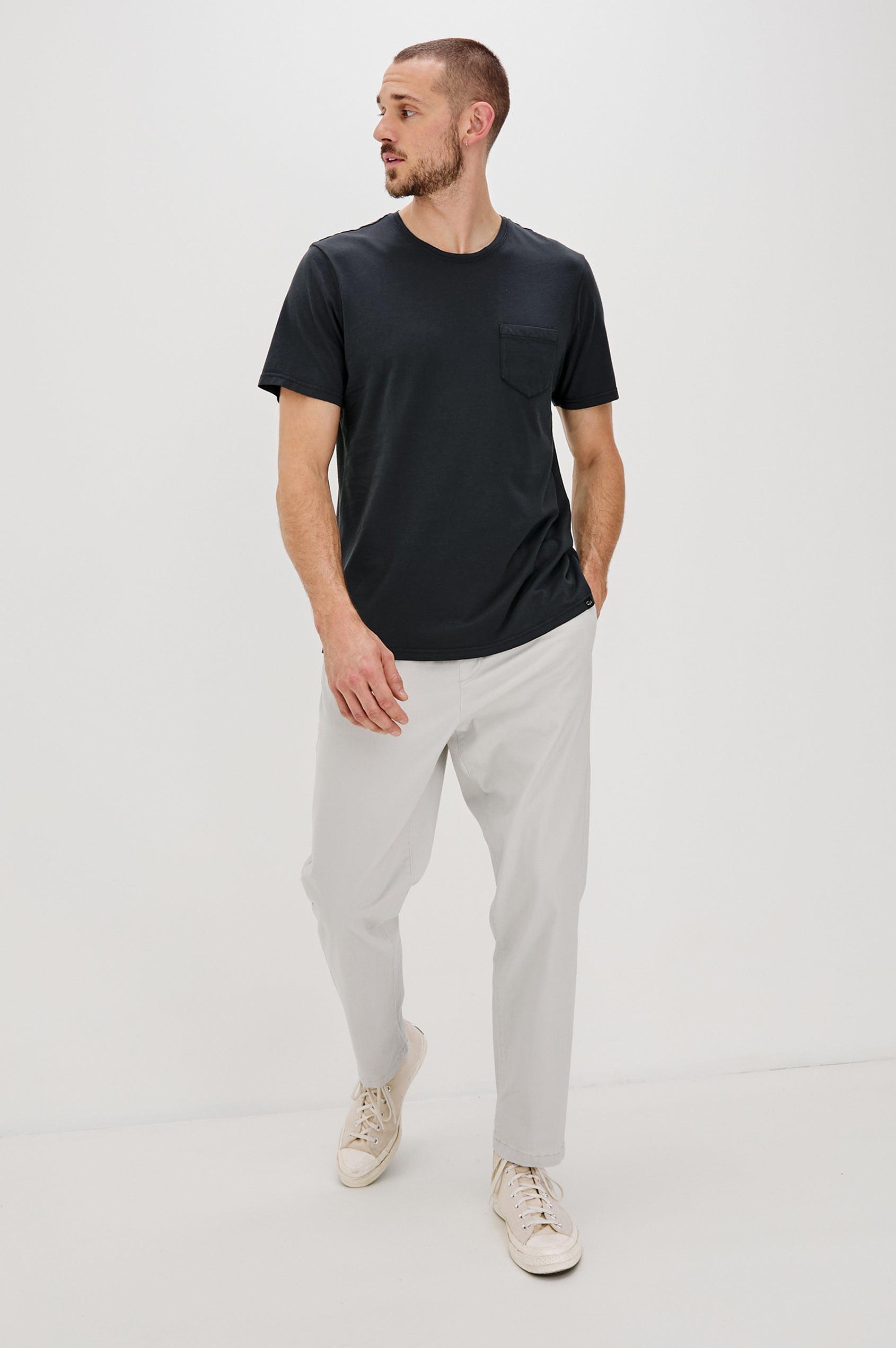 Johnny T-Shirt in Modal Jersey With Short Sleeves, Chest Patch Pocket, and Classic Fit in Carbon Colorway - Full Body Front View Featured on Model