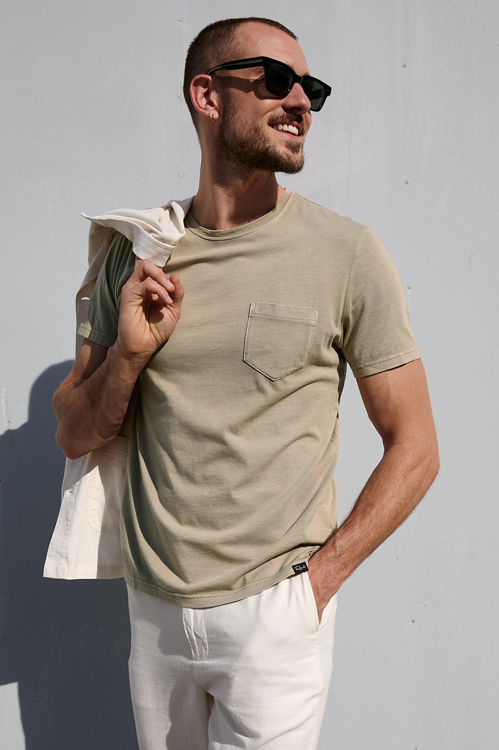 Johnny cotton jersey t-shirt with front chest pocket in Desert Sand - front view on model