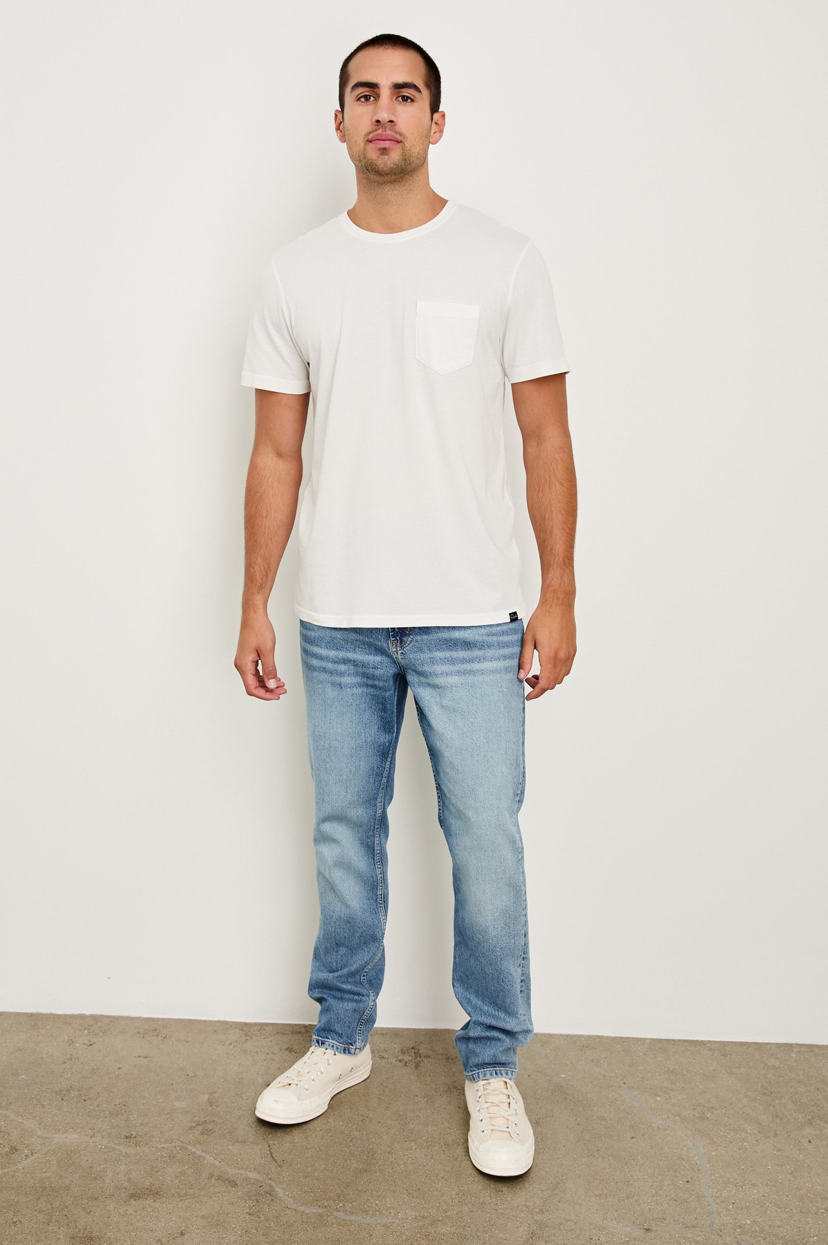 Johnny cotton jersey t-shirt with front chest pocket in White - full body front view on model