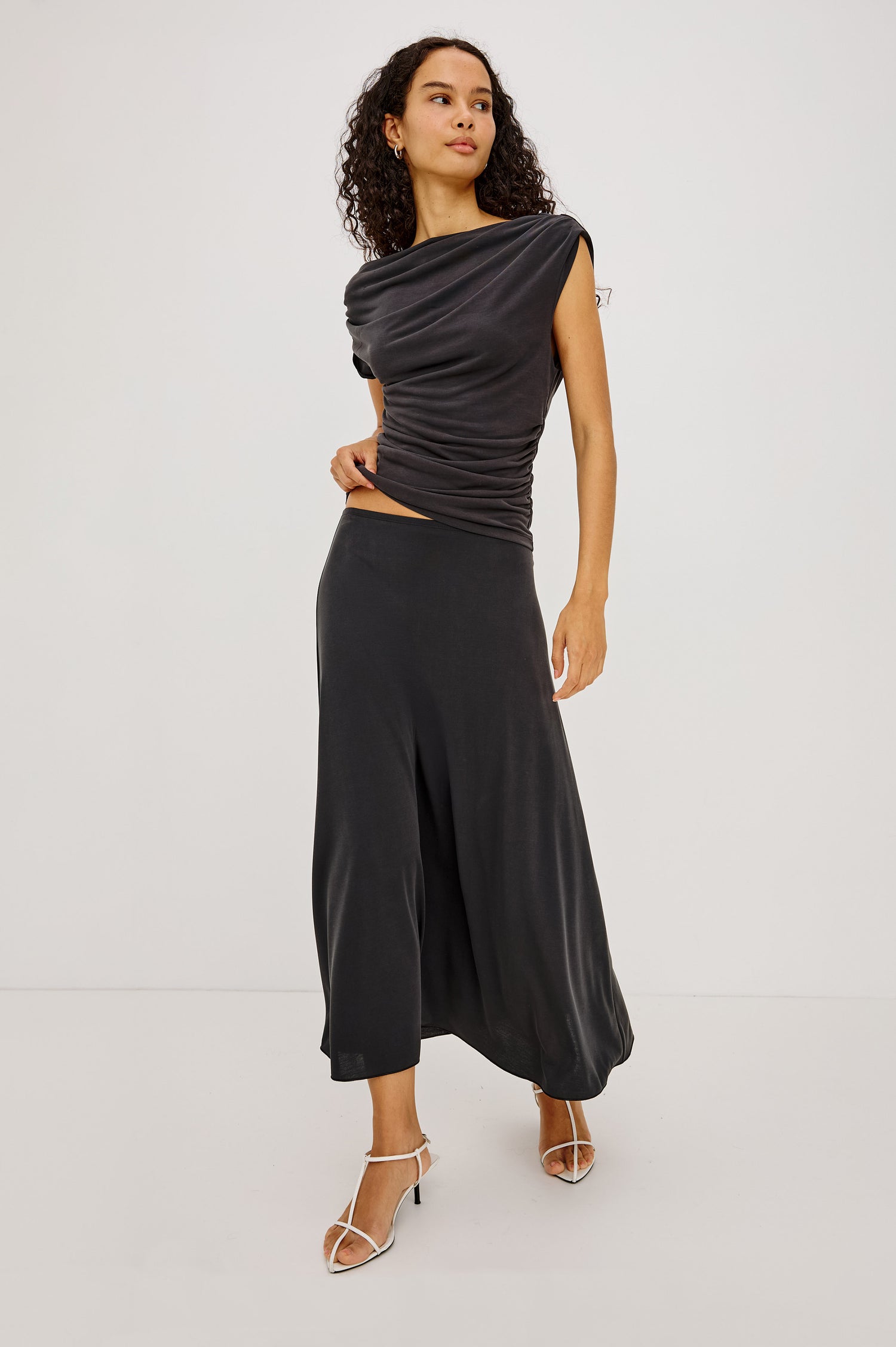 Jordan Midi Skirt in Jersey With Velvet Flocked Details, A-Line Fit, Full Lining, and Elastic Waistband in Ash Colorway - Full Body Front View Featured on Model