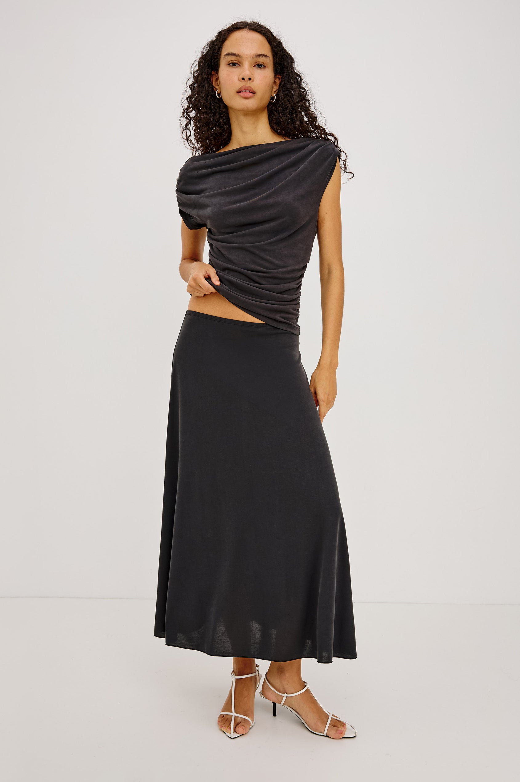 Jordan Midi Skirt in Jersey With Velvet Flocked Details, A-Line Fit, Full Lining, and Elastic Waistband in Ash Colorway - Full Body Front View Featured on Model