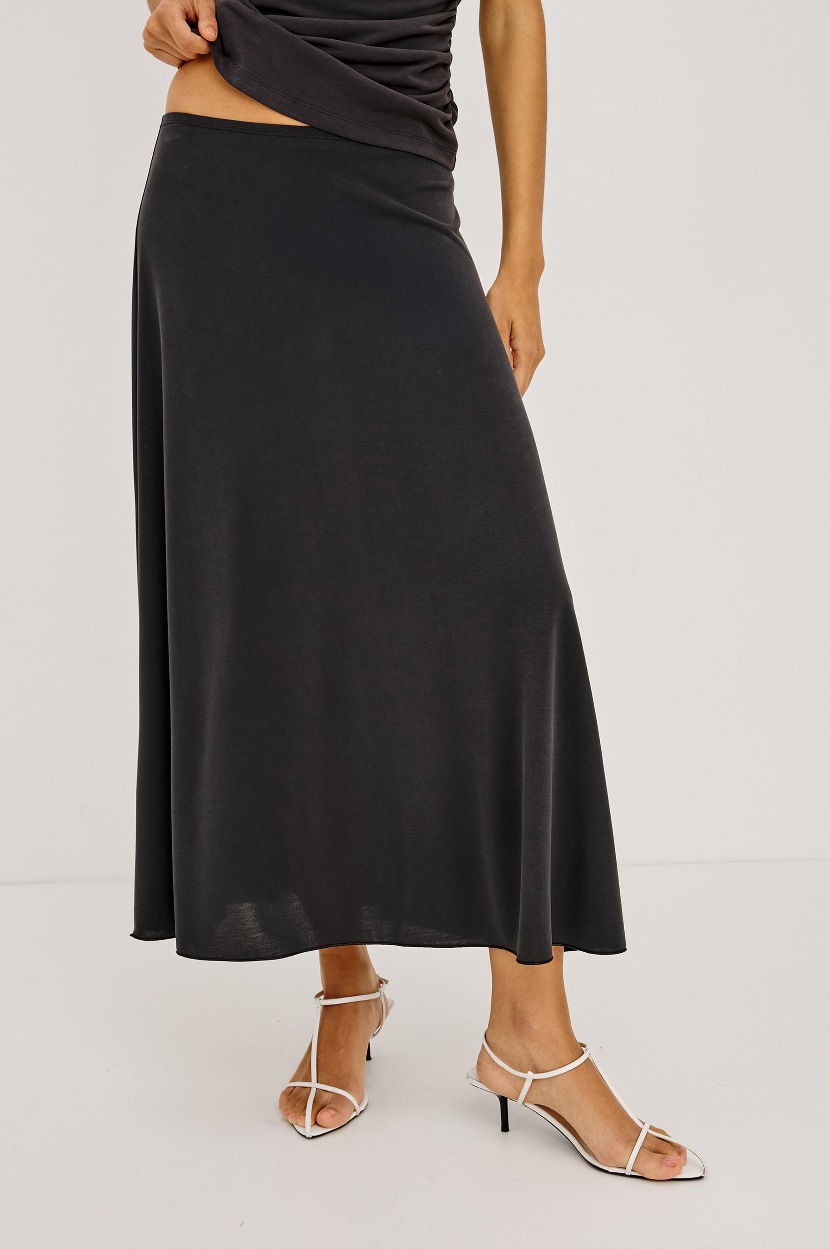 Jordan Midi Skirt in Jersey With Velvet Flocked Details, A-Line Fit, Full Lining, and Elastic Waistband in Ash Colorway - Lower Body Front View Featured on Model