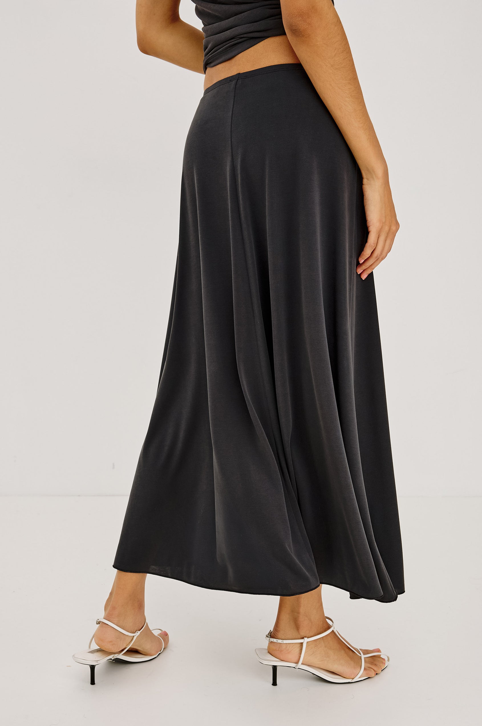 Jordan Midi Skirt in Jersey With Velvet Flocked Details, A-Line Fit, Full Lining, and Elastic Waistband in Ash Colorway - Lower Body Back View Featured on Model