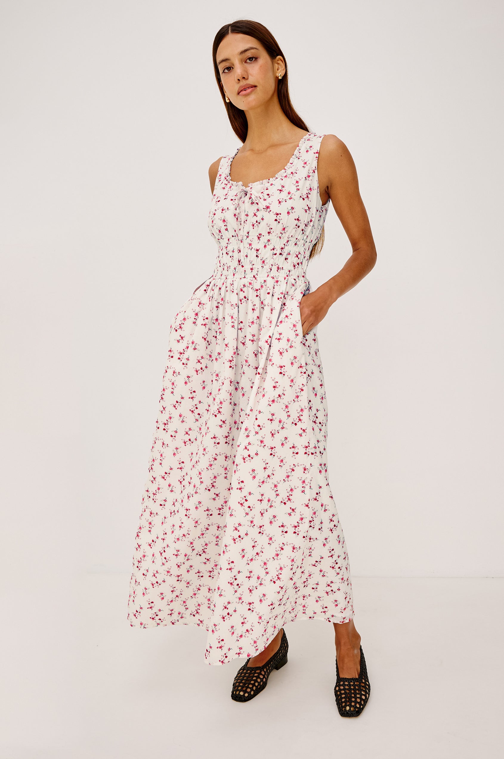 Jordie Maxi Dress in Cotton Voile With A-Line Silhouette, Rounded Square Neckline, Ruffle Trim, Center-Front Bust Cutrout With Self-Ties, Smocked Waist, Side Pockets, and Fully Lined Skirt in Rouge Romantic Colorway - Full Body Front View Featured on Model
