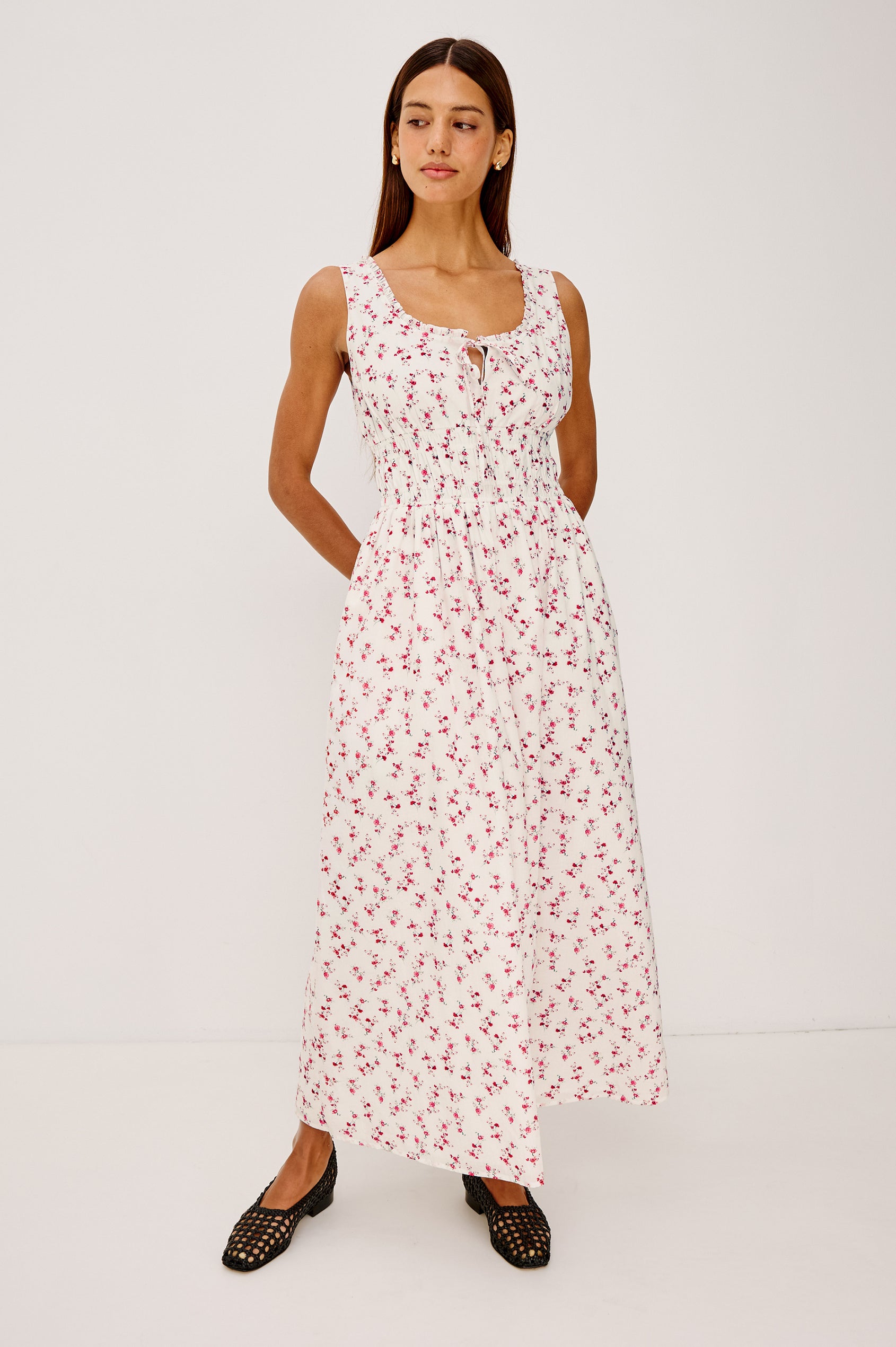 Jordie Maxi Dress in Cotton Voile With A-Line Silhouette, Rounded Square Neckline, Ruffle Trim, Center-Front Bust Cutrout With Self-Ties, Smocked Waist, Side Pockets, and Fully Lined Skirt in Rouge Romantic Colorway - Full Body Front View Featured on Model