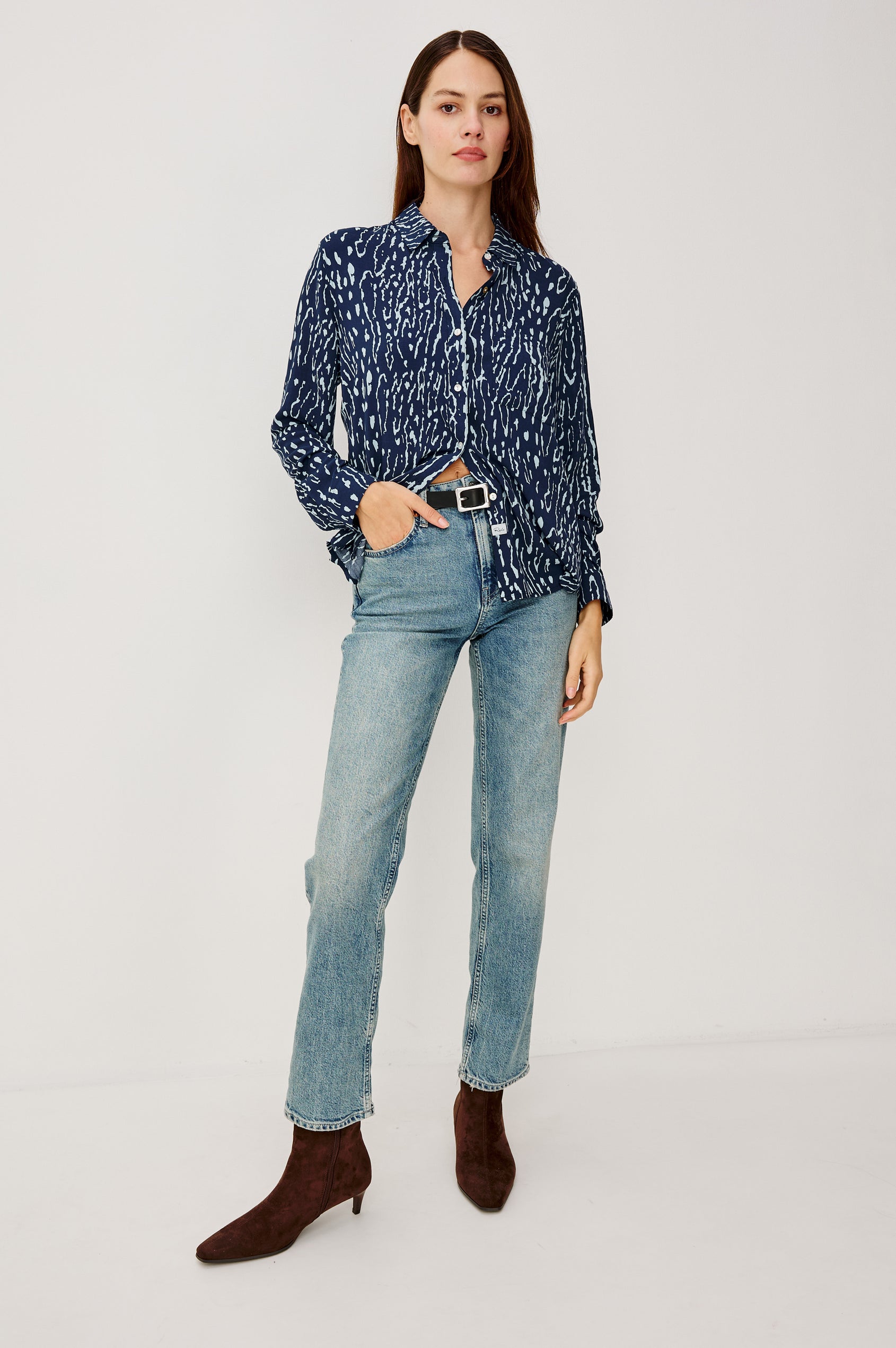 Josephine Button-Up Shirt in Rayon With Collar, Front Buttons, Chest Pockets, and Long Sleeves in Dark Navy Lynx Colorway - Full Body Front View Featured on Model