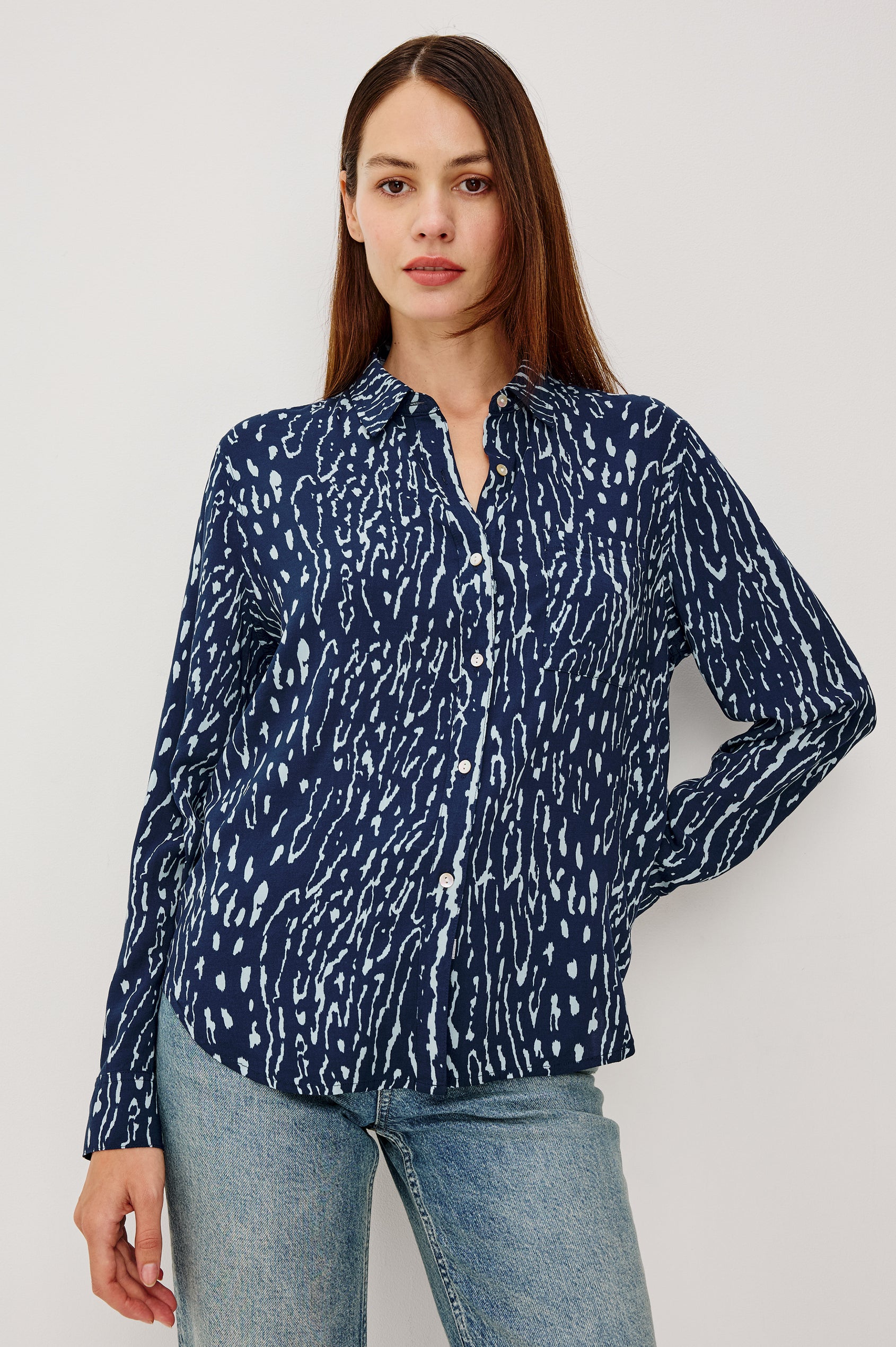 Josephine Button-Up Shirt in Rayon With Collar, Front Buttons, Chest Pockets, and Long Sleeves in Dark Navy Lynx Colorway - Upper Body Front View Featured on Model