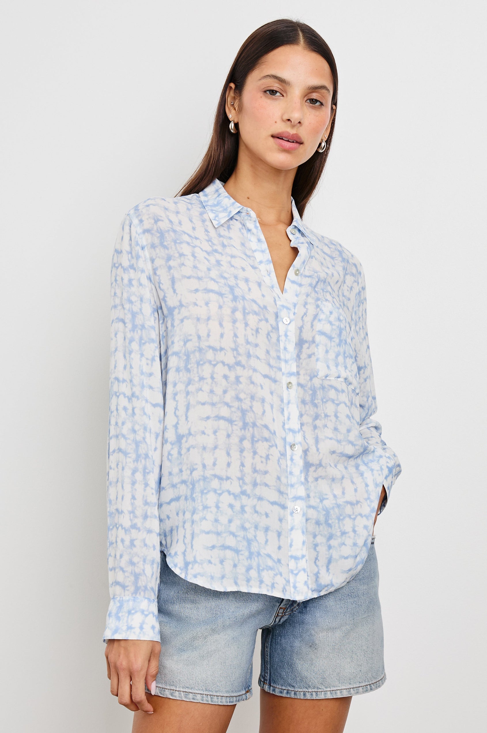 Josephine Long-Sleeve Button Down with a Chest Patch Pocket in Diffused Plaid Colorway, blues and white pattern - Front View Featured on Model
