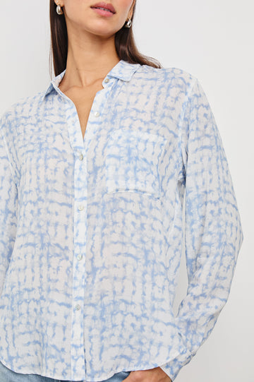 Josephine Long-Sleeve Button Down with a Chest Patch Pocket in Diffused Plaid Colorway, blues and white pattern - Front View Featured on Model