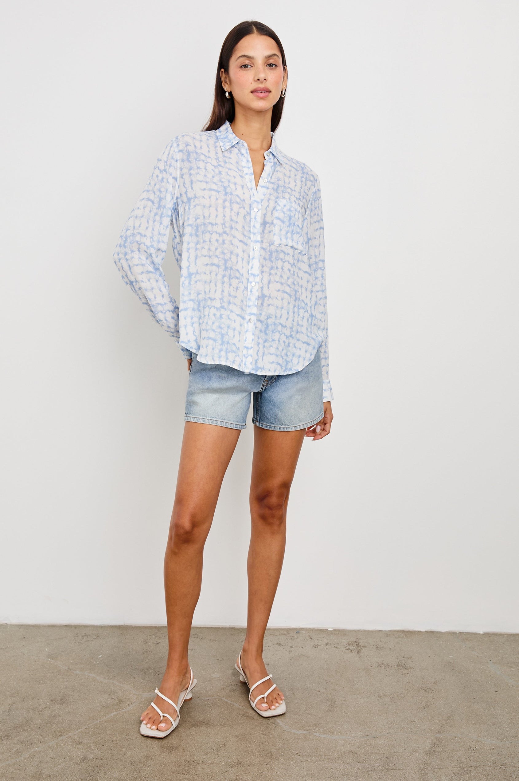 Josephine Long-Sleeve Button Down with a Chest Patch Pocket in Diffused Plaid Colorway, blues and white pattern - Front Full Body View Featured on Model
