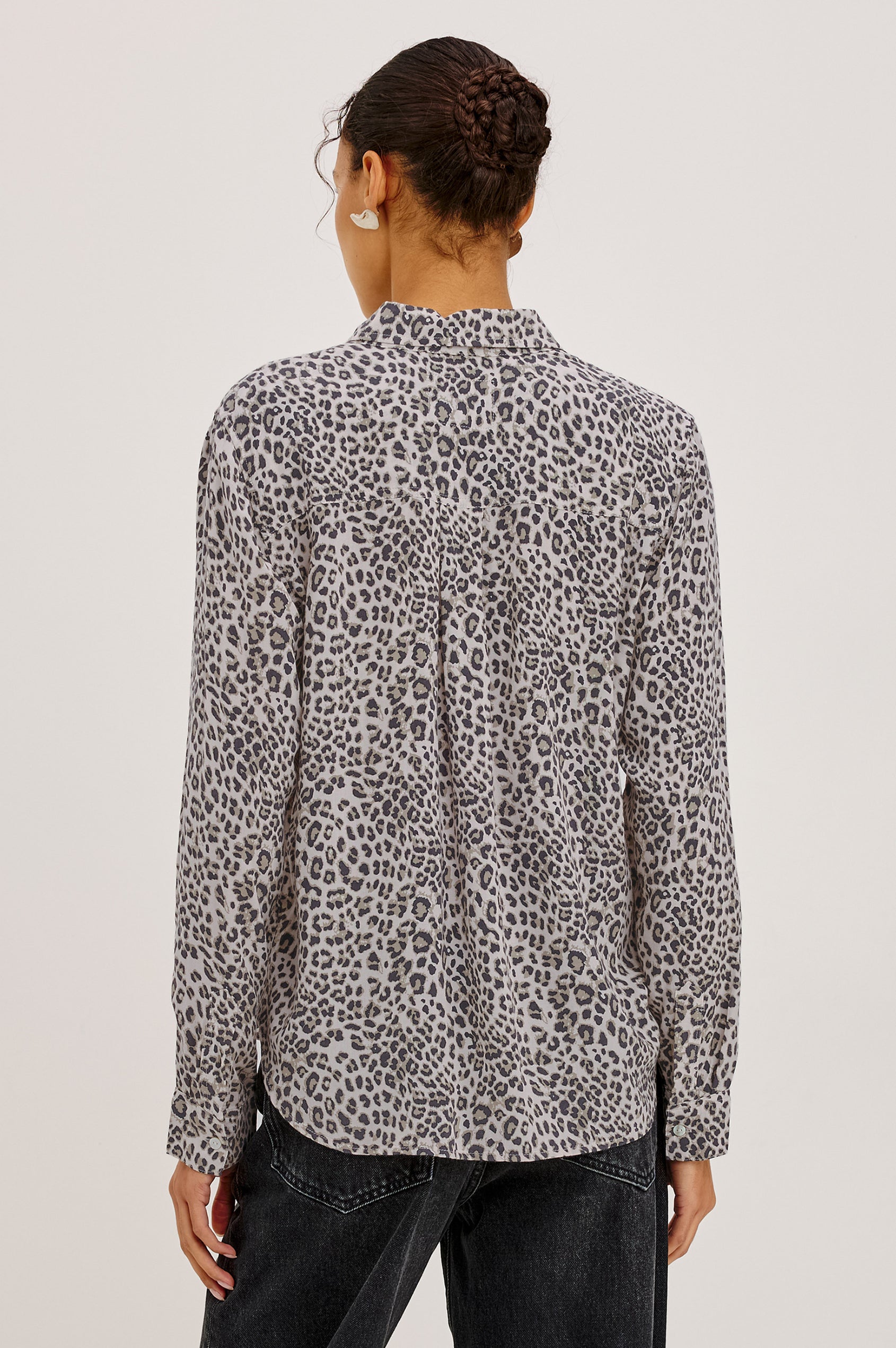 Josephine Shirt in Featherweight Rayon With Relaxed Fit, Collar, and Button Front in Ecru Cheetah Colorway - Upper Body Back View Featured on Model