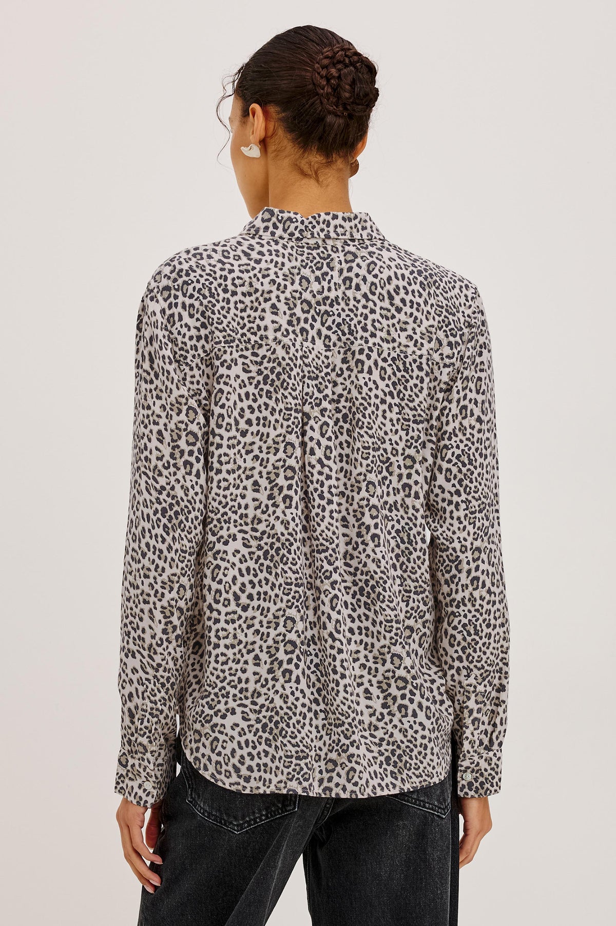 Josephine Shirt in Featherweight Rayon With Relaxed Fit, Collar, and Button Front in Ecru Cheetah Colorway - Upper Body Back View Featured on Model