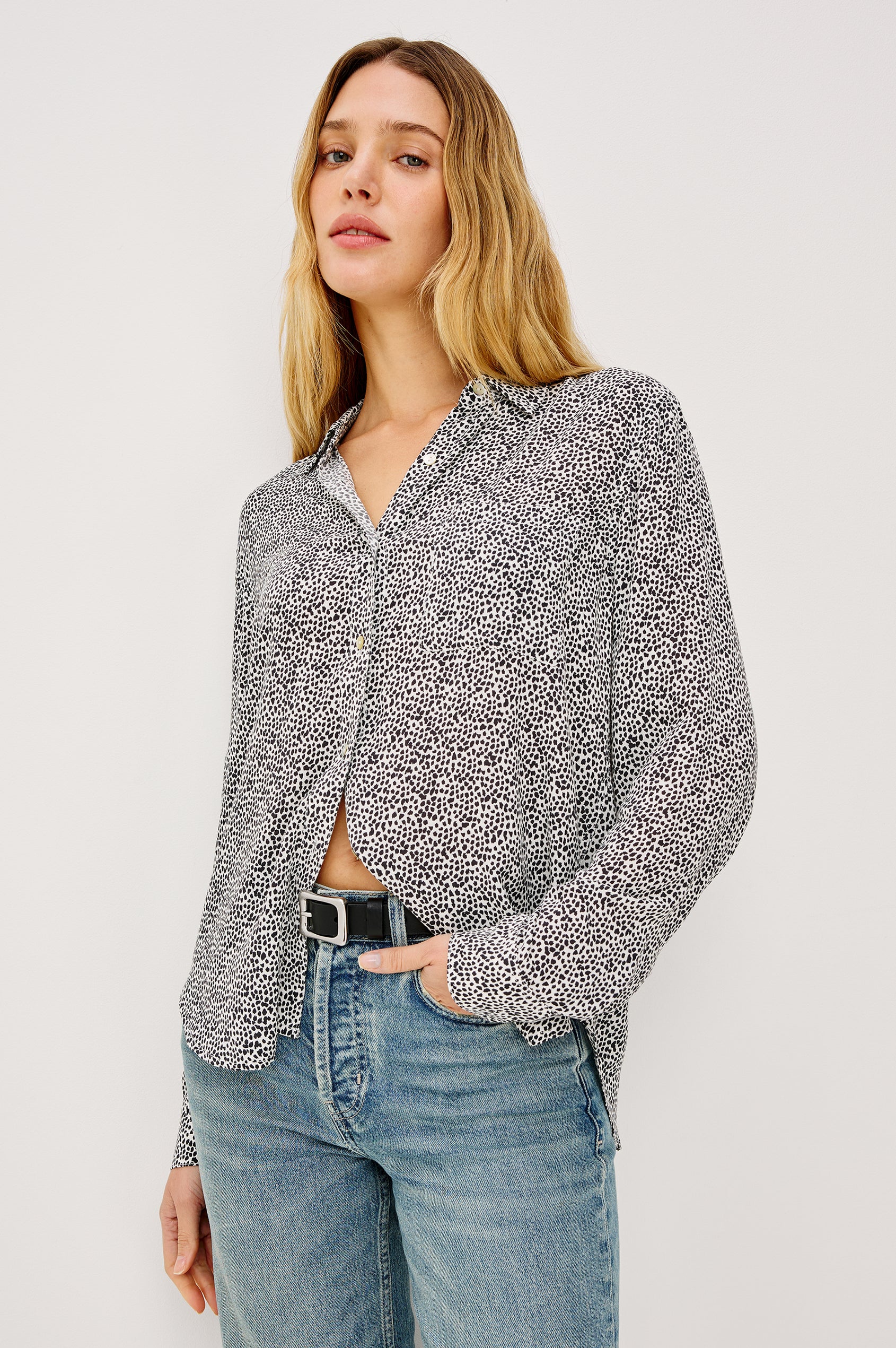 Josephine Collared Button Front Shirt with Long Sleeves and a Front Chest Pocket in Ivory Micro Spots Colorway. Front View of Model Shown.