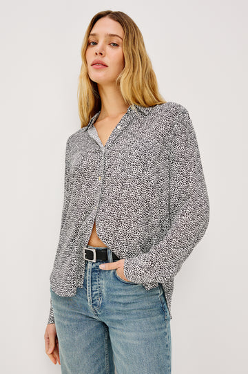 Josephine Collared Button Front Shirt with Long Sleeves and a Front Chest Pocket in Ivory Micro Spots Colorway. Front View of Model Shown.