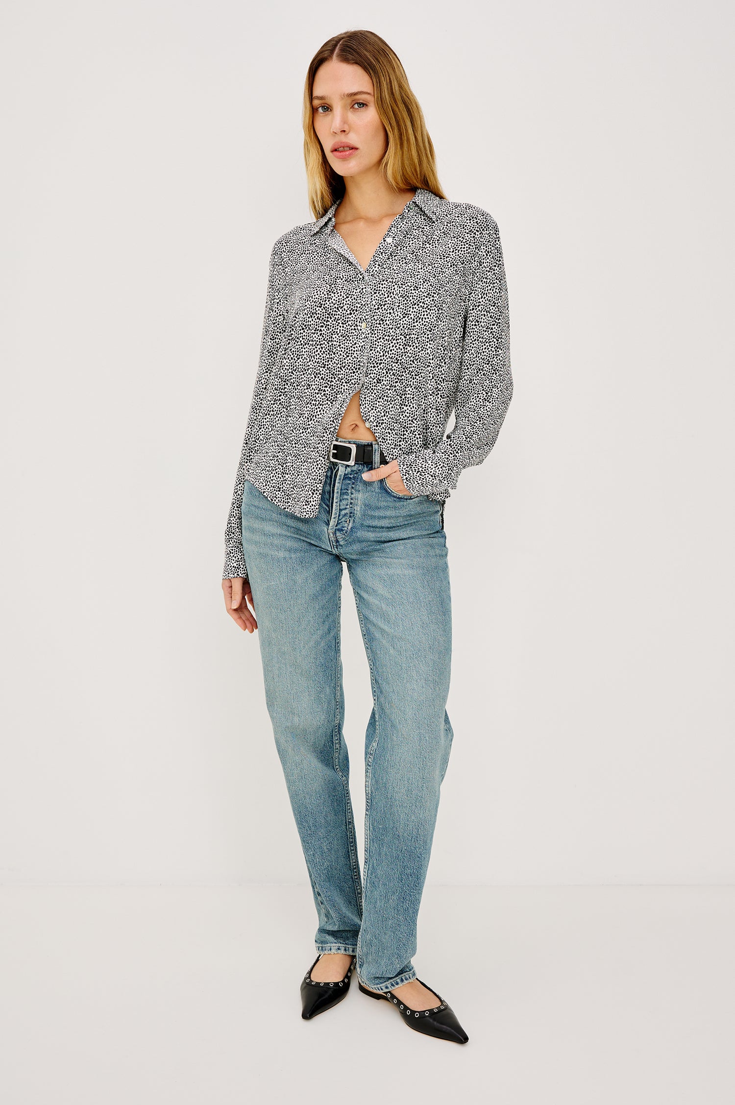 Josephine Collared Button Front Shirt with Long Sleeves and a Front Chest Pocket in Ivory Micro Spots Colorway. Front View of Model Shown.