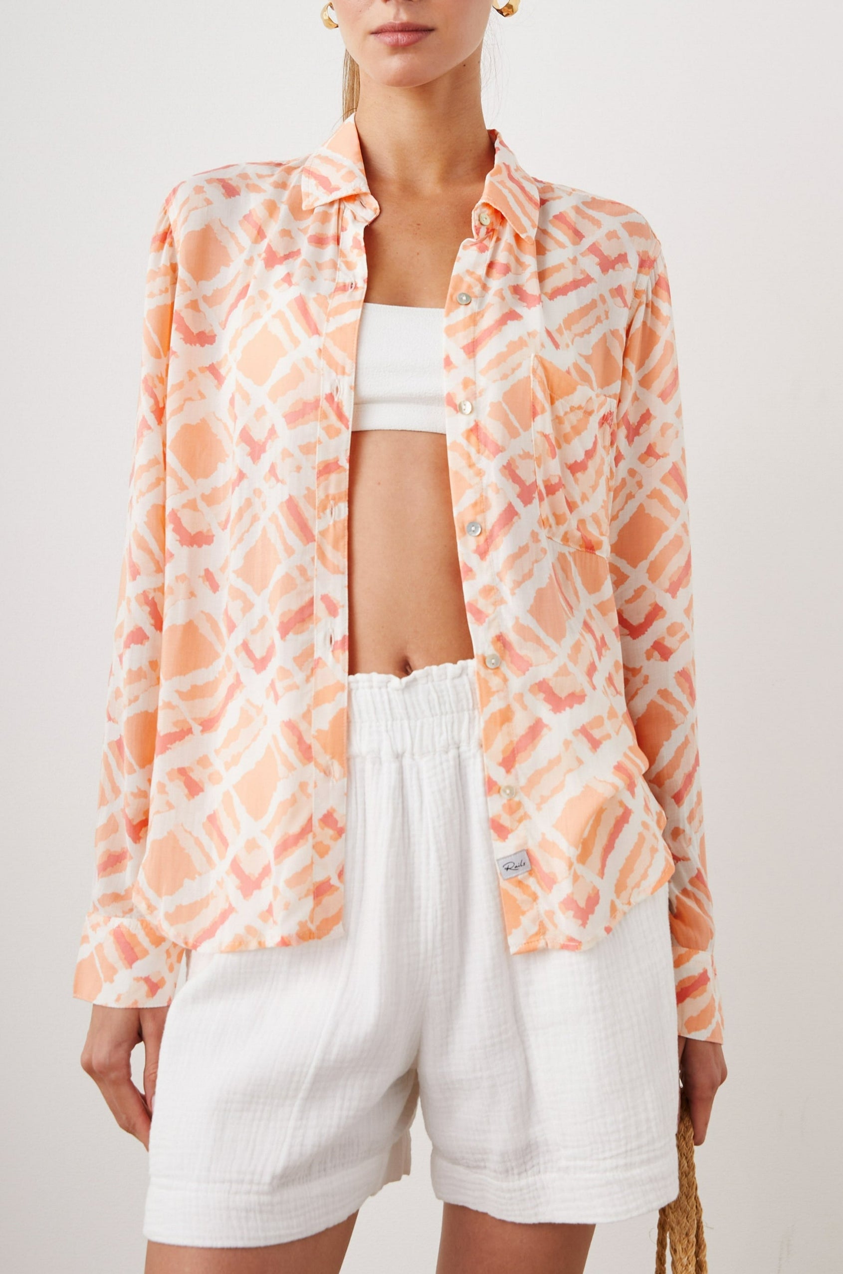 JOSEPHINE SHIRT PEACH WATERCOLOR PLAID - FRONT UNTUCKED