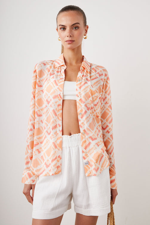 JOSEPHINE SHIRT PEACH WATERCOLOR PLAID - FRONT UNTUCKED