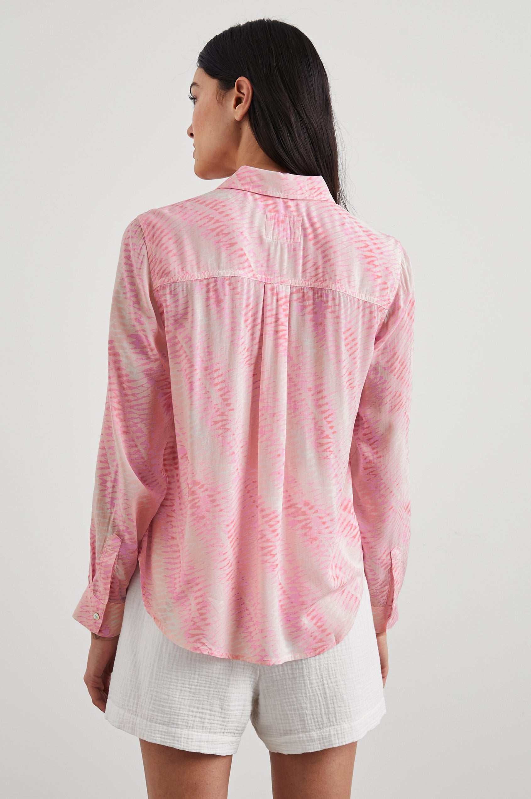 Josephine Long-Sleeve Button Down with a Chest Patch Pocket in Rose Reef Colorway, a pattern in pinks - Back View Featured on Model