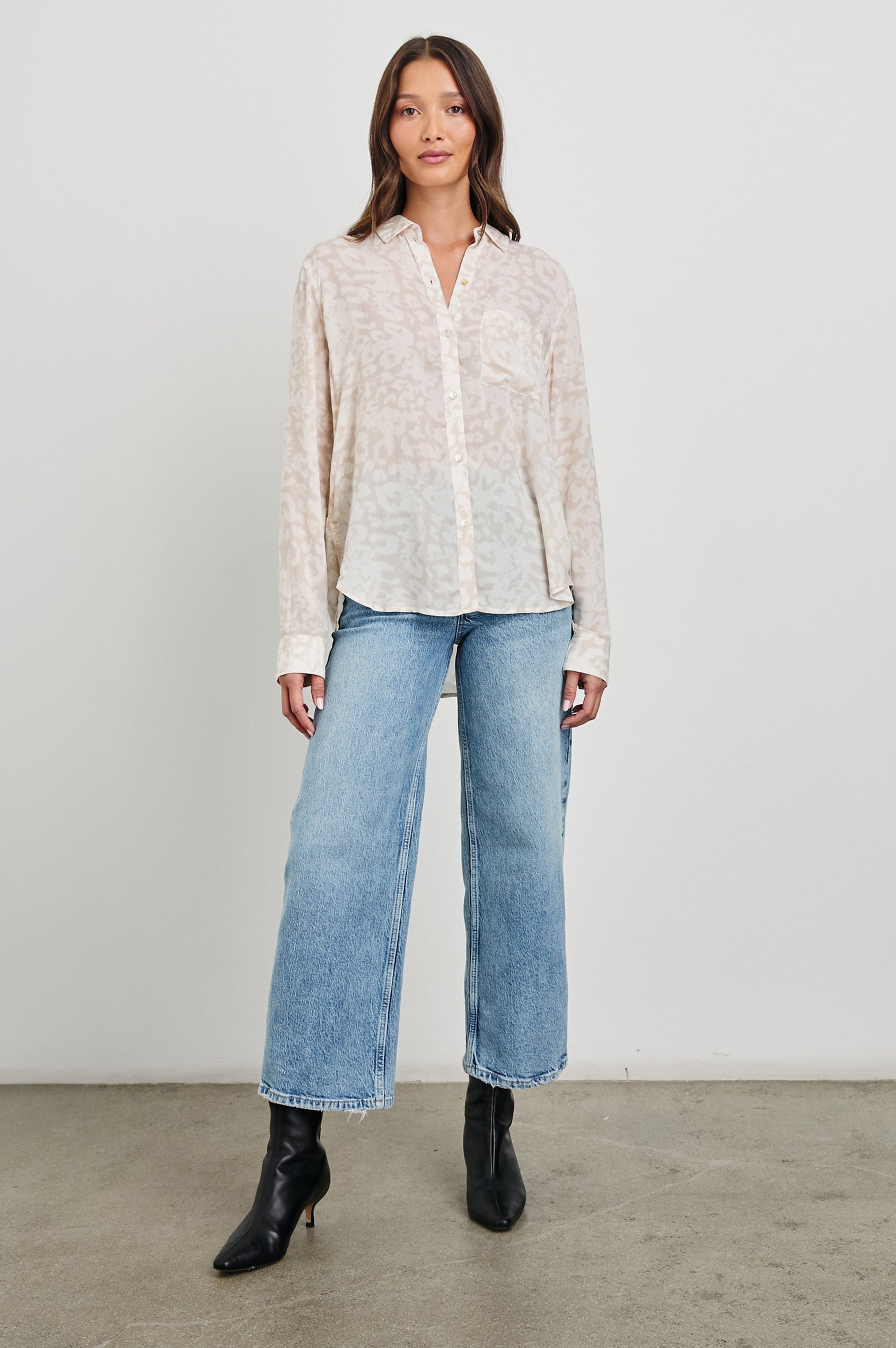 Josephine Long-Sleeve Button Down with a Chest Patch Pocket in Sand Diffused Cheetah Colorway, in Sand and White - Front Full Body View Featured on Model