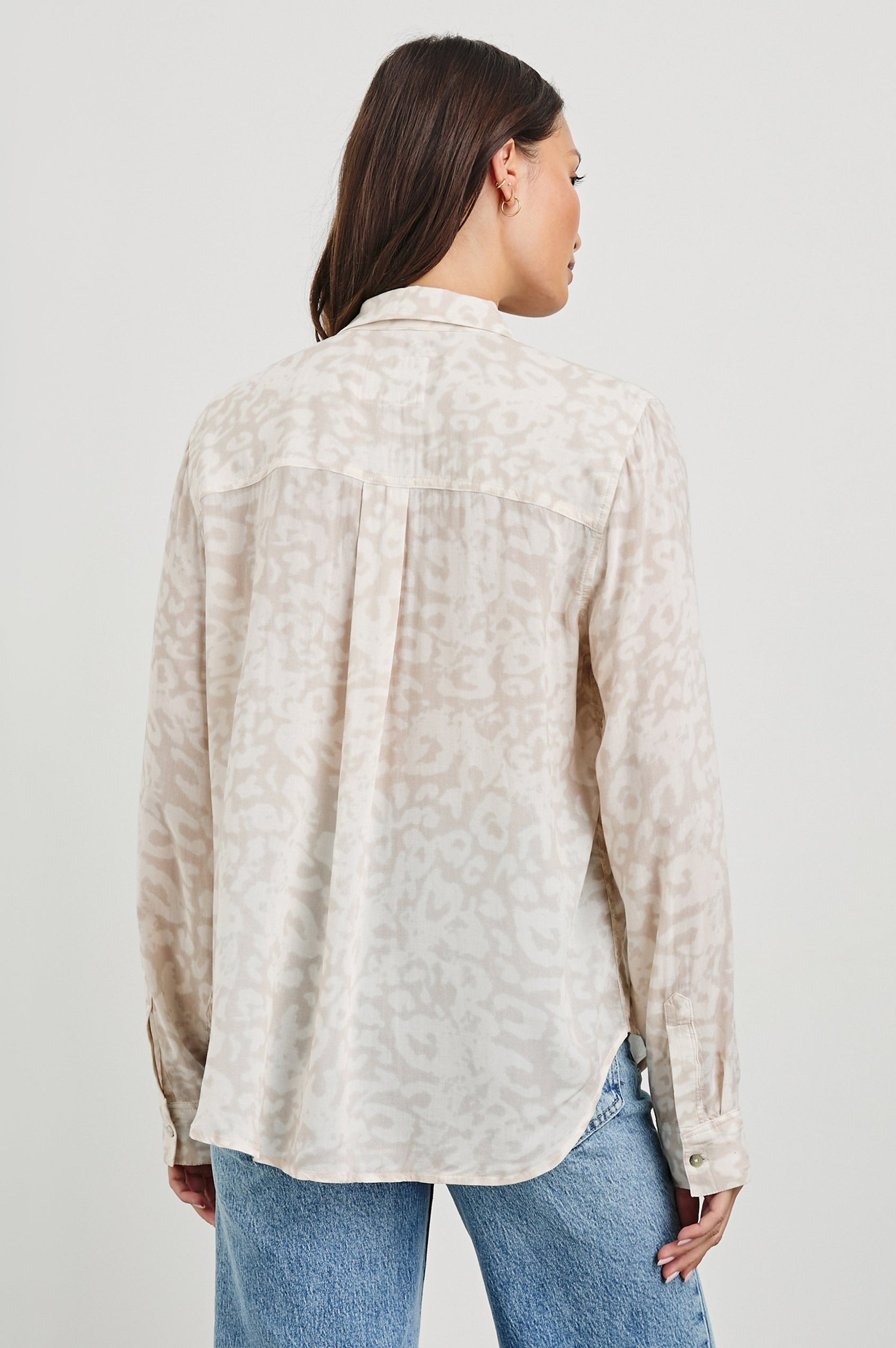 Josephine Long-Sleeve Button Down with a Chest Patch Pocket in Sand Diffused Cheetah Colorway, in Sand and White - Back View Featured on Model