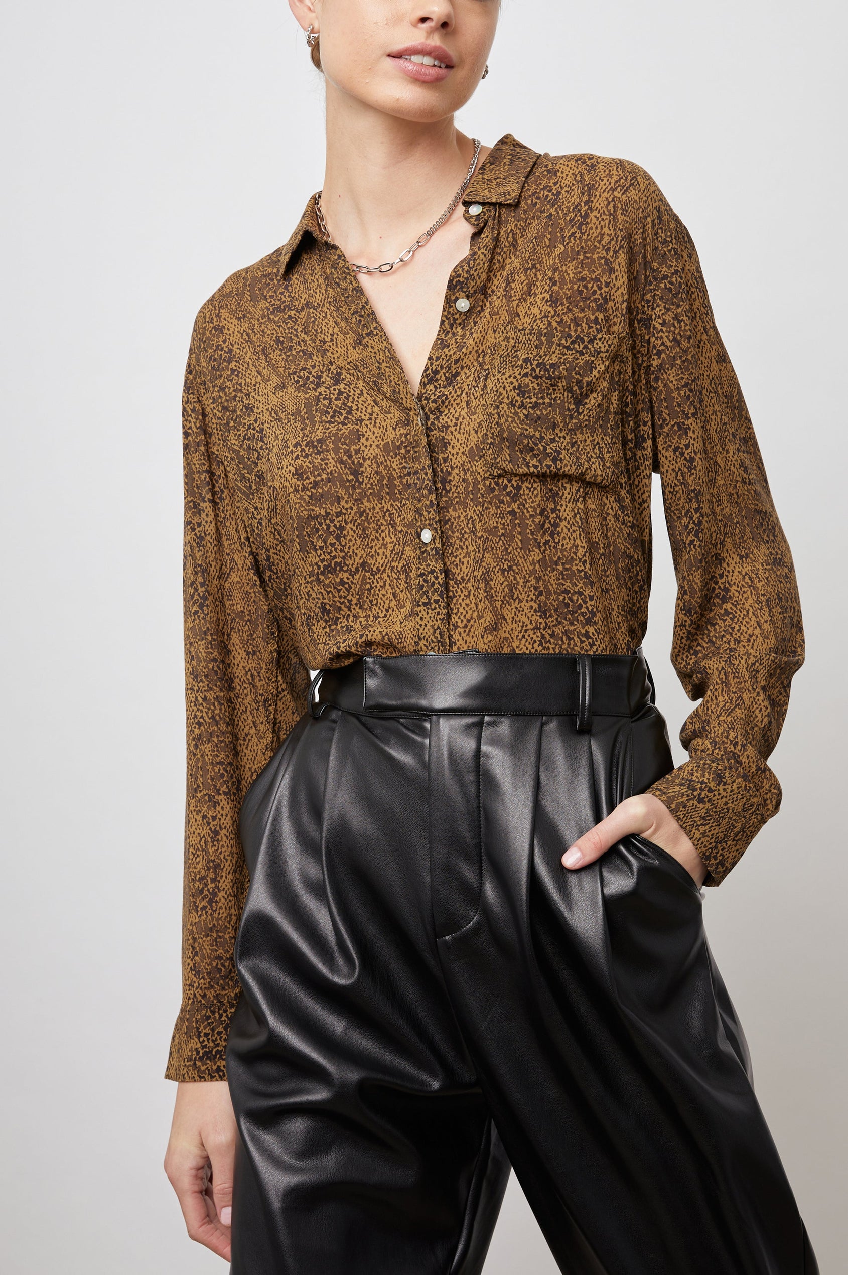 Josephine Long-Sleeve Button Down with a Chest Patch Pocket in Sepia Python Colorway, pattern in browns on Sepia - Front Tucked View Featured on Model