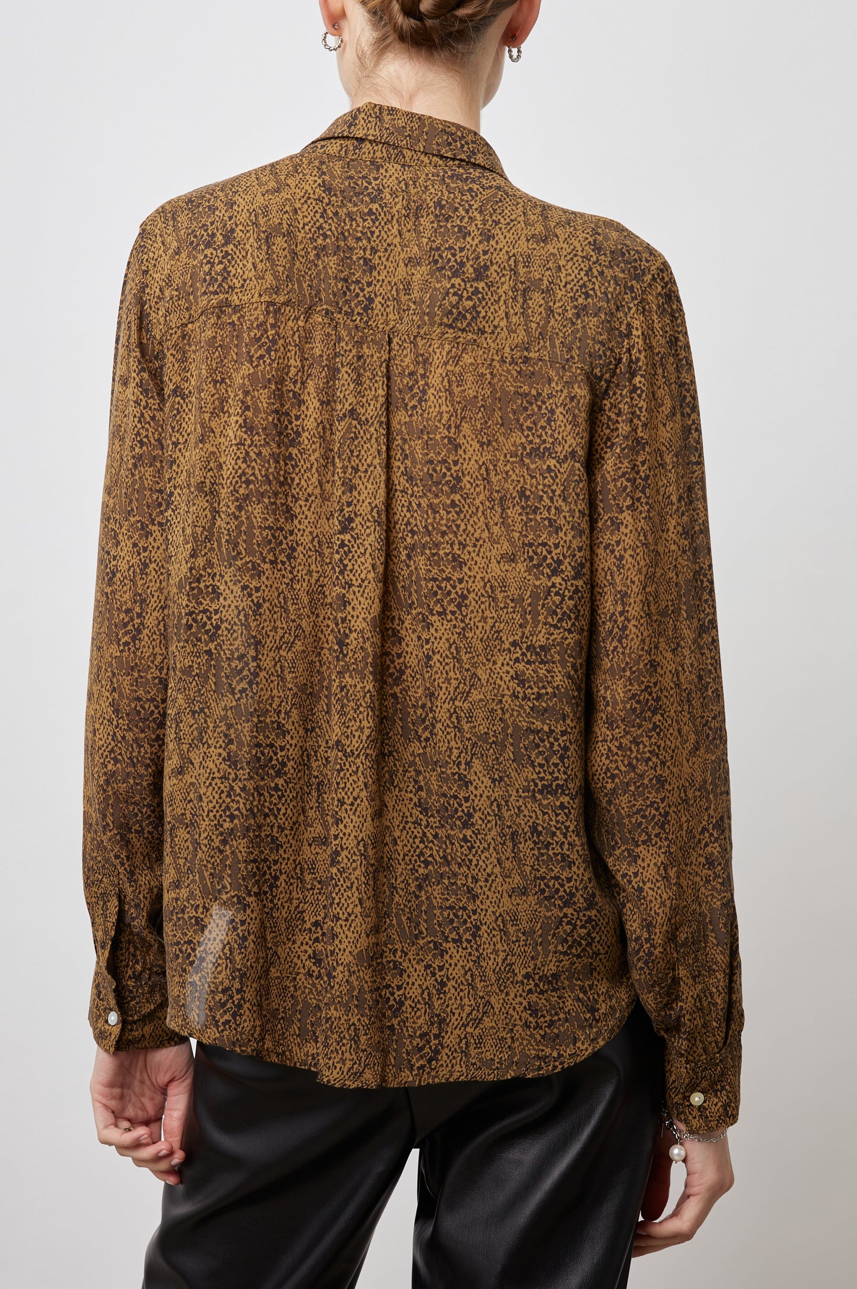Josephine Long-Sleeve Button Down with a Chest Patch Pocket in Sepia Python Colorway, pattern in browns on Sepia - Back View Featured on Model