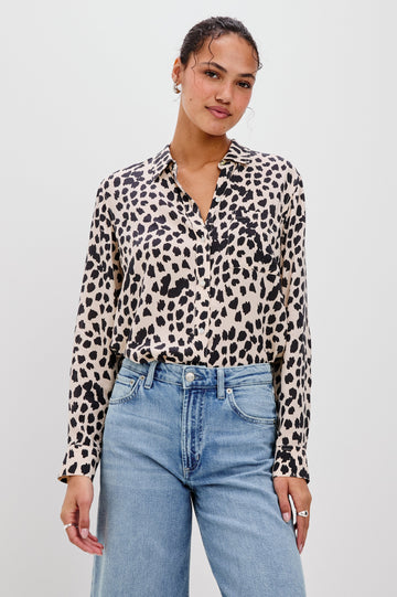 Josephine Collared Button Front Shirt with Long Sleeves and a Front Chest Pocket in Taupe Spotted Colorway. Front View of Model Shown.