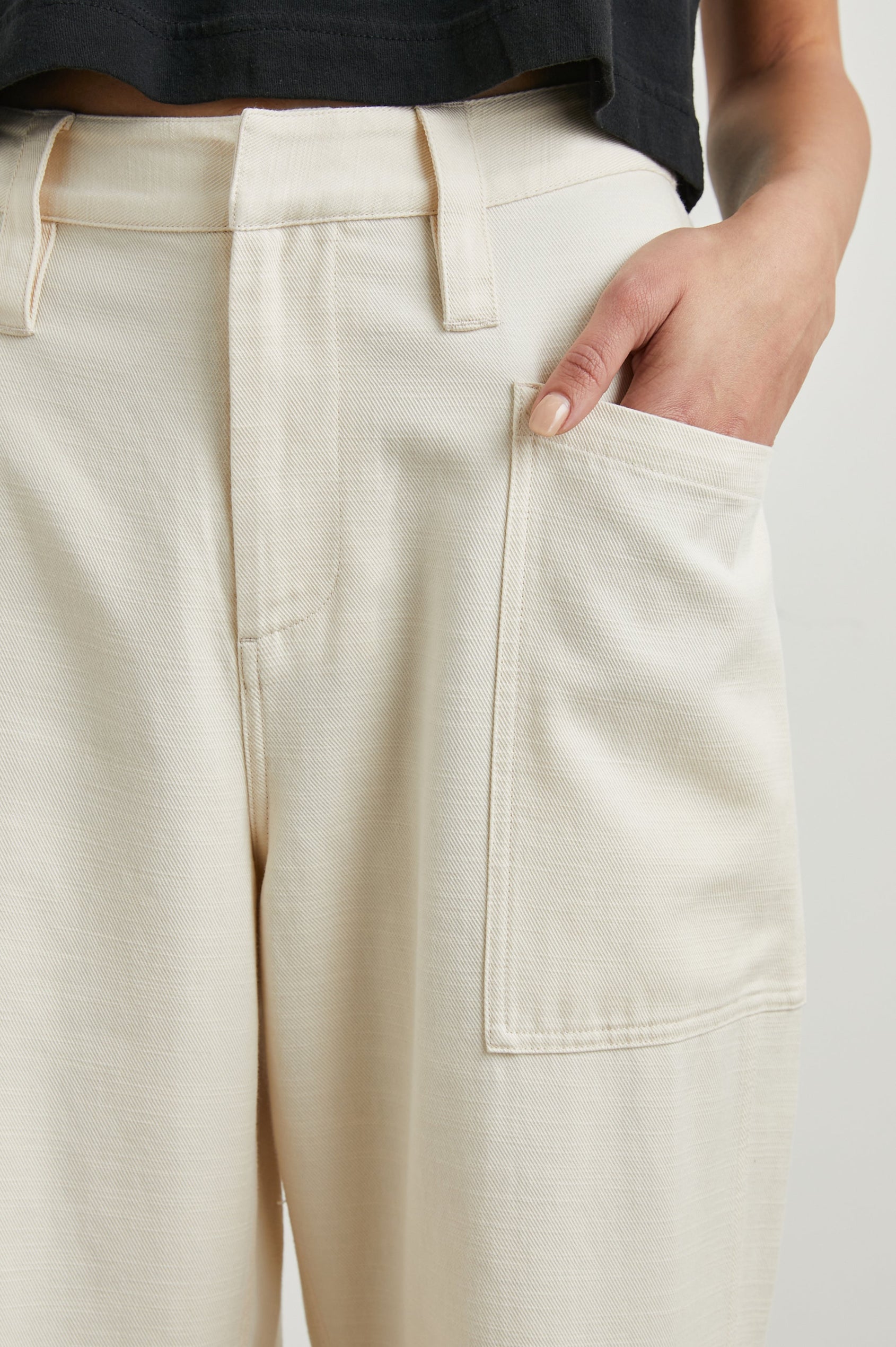 Joss Pants with Belt Loops, Two Large Front Pockets and Two Back Patch Pockets in Ecru Colorway - Front View Featured on Model 