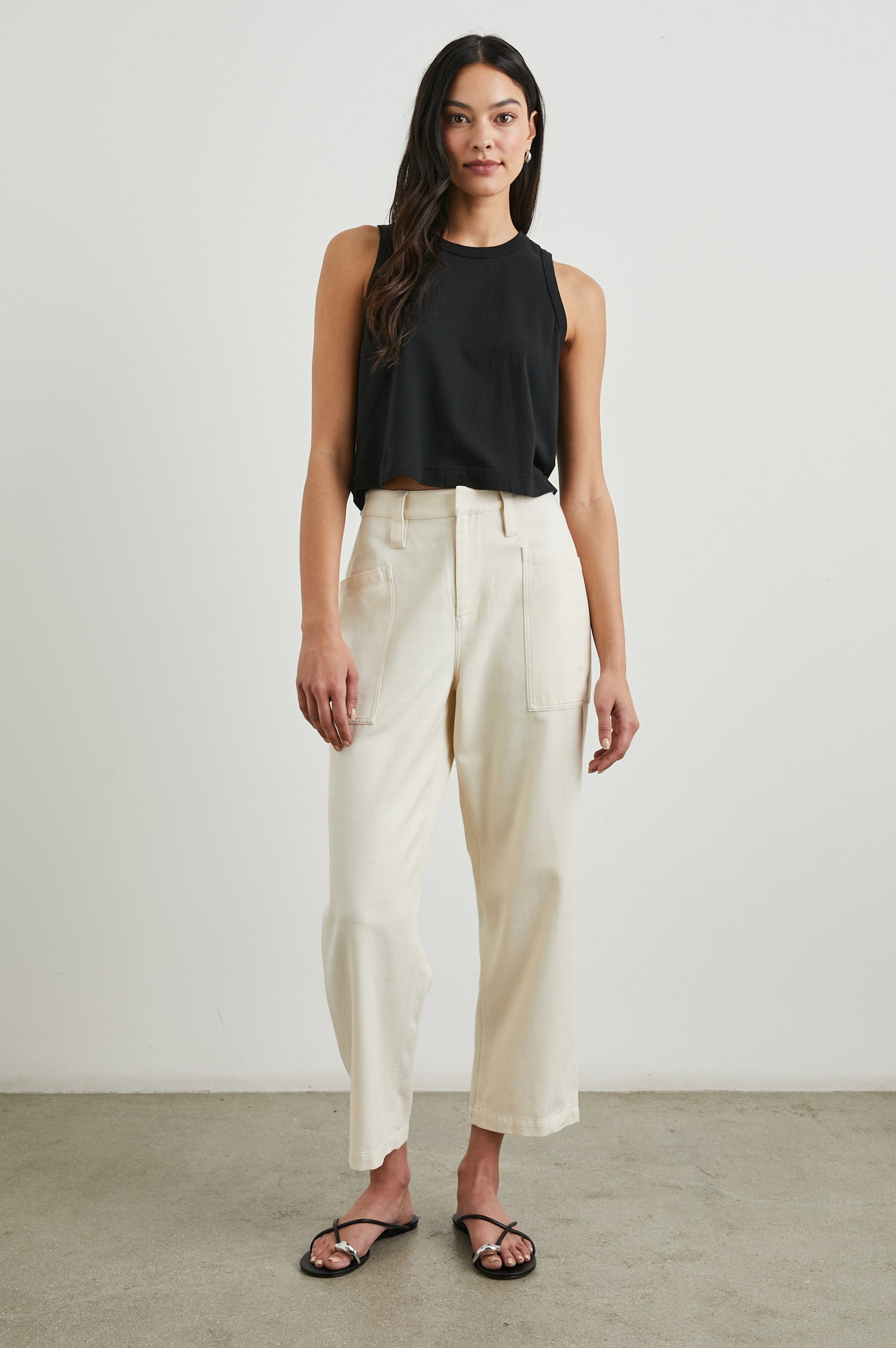 Joss Pants with Belt Loops, Two Large Front Pockets and Two Back Patch Pockets in Ecru Colorway - Front Full Body View Featured on Model 