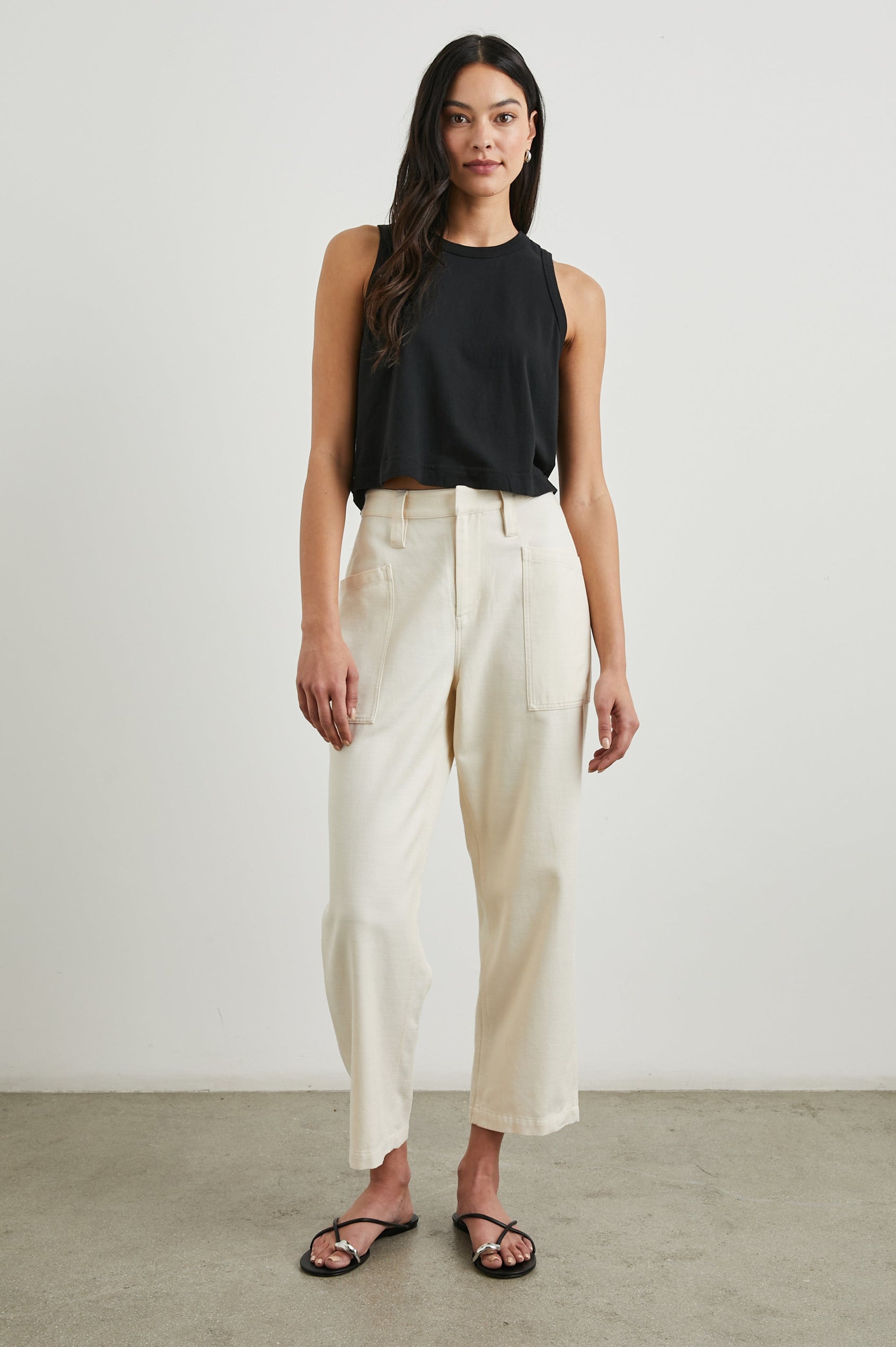 Joss Pants with Belt Loops, Two Large Front Pockets and Two Back Patch Pockets in Ecru Colorway - Front Full Body View Featured on Model 