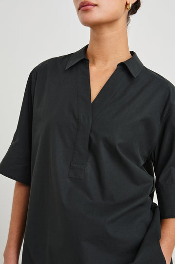 Juda 3/4 Sleeve Top With Front Placket And Collar In Colorway Black - close up of details on model