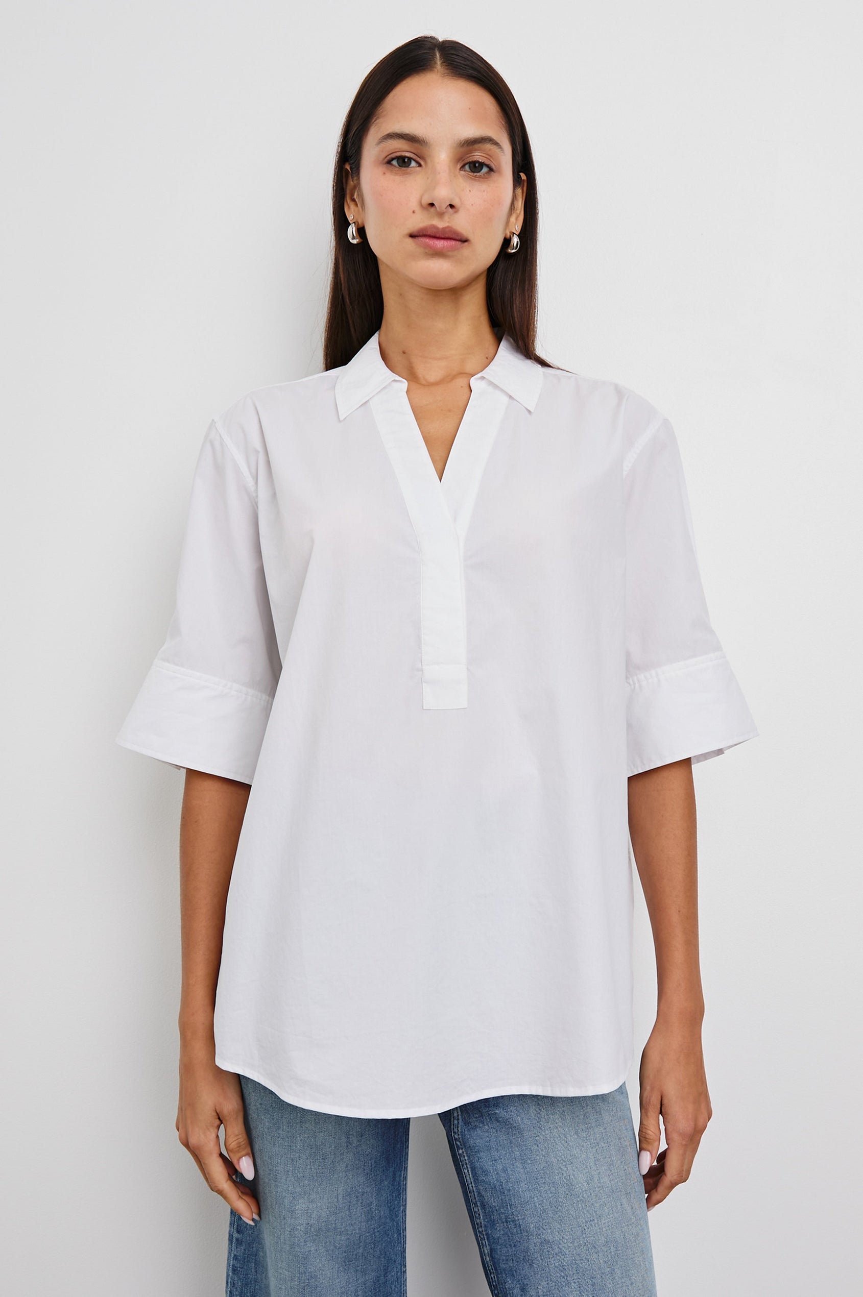 Juda 3/4 Sleeve Top With Front Placket And Collar In Colorway White - Front View Untucked Featured On Model