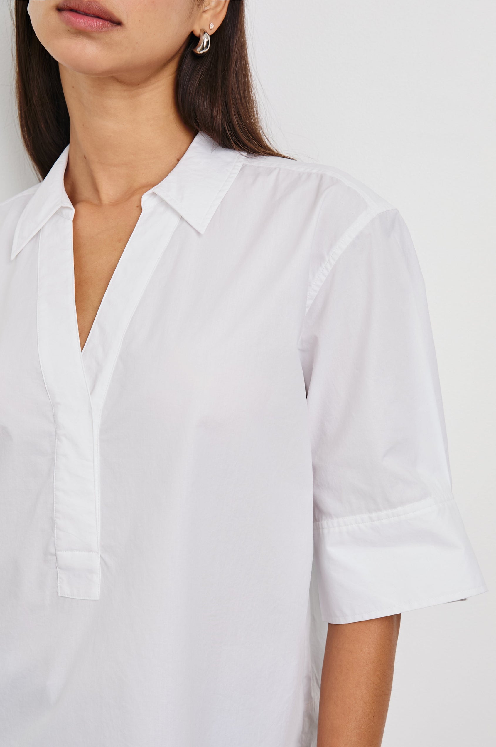 Juda 3/4 Sleeve Top With Front Placket And Collar In Colorway White - Detail View Featured On Model