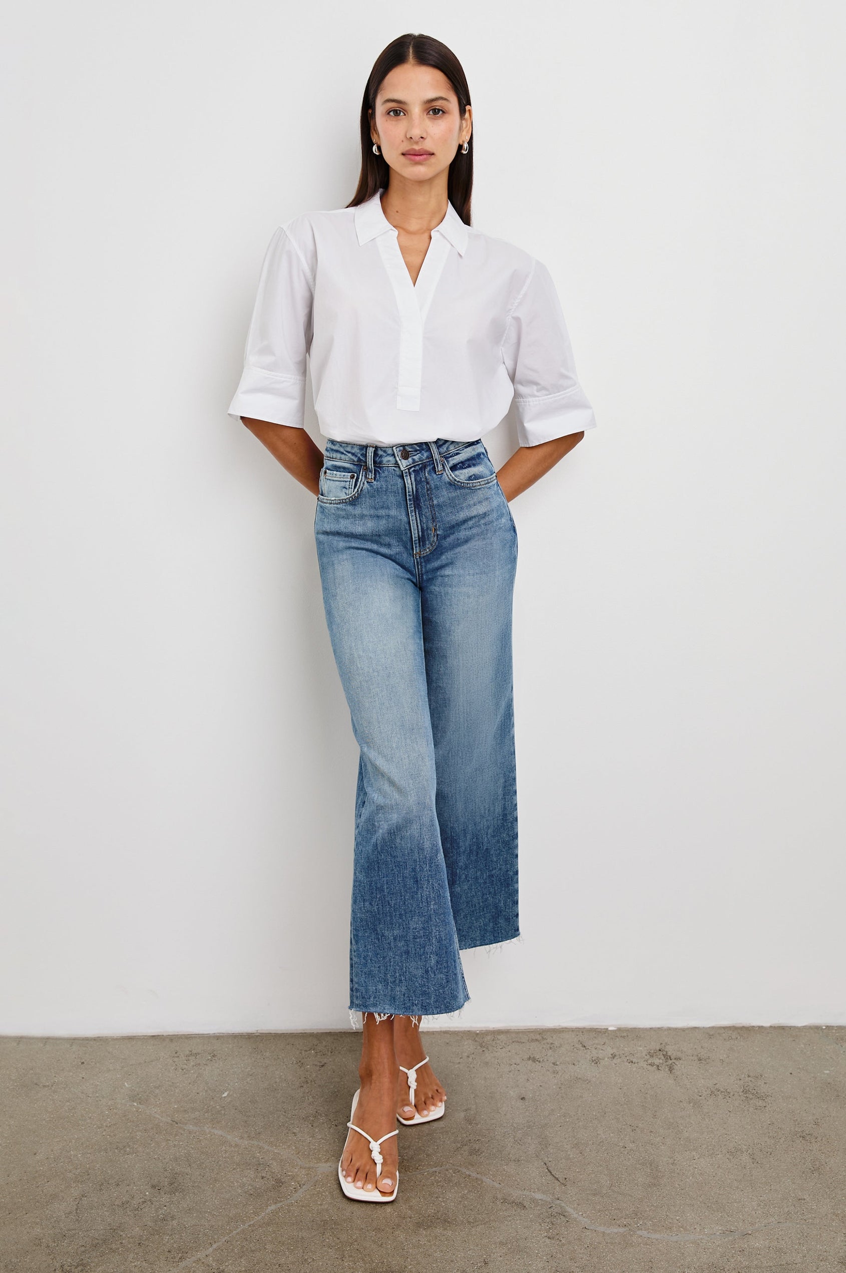 Juda 3/4 Sleeve Top With Front Placket And Collar In Colorway White - Full Front Body View Tucked In Featured On Model