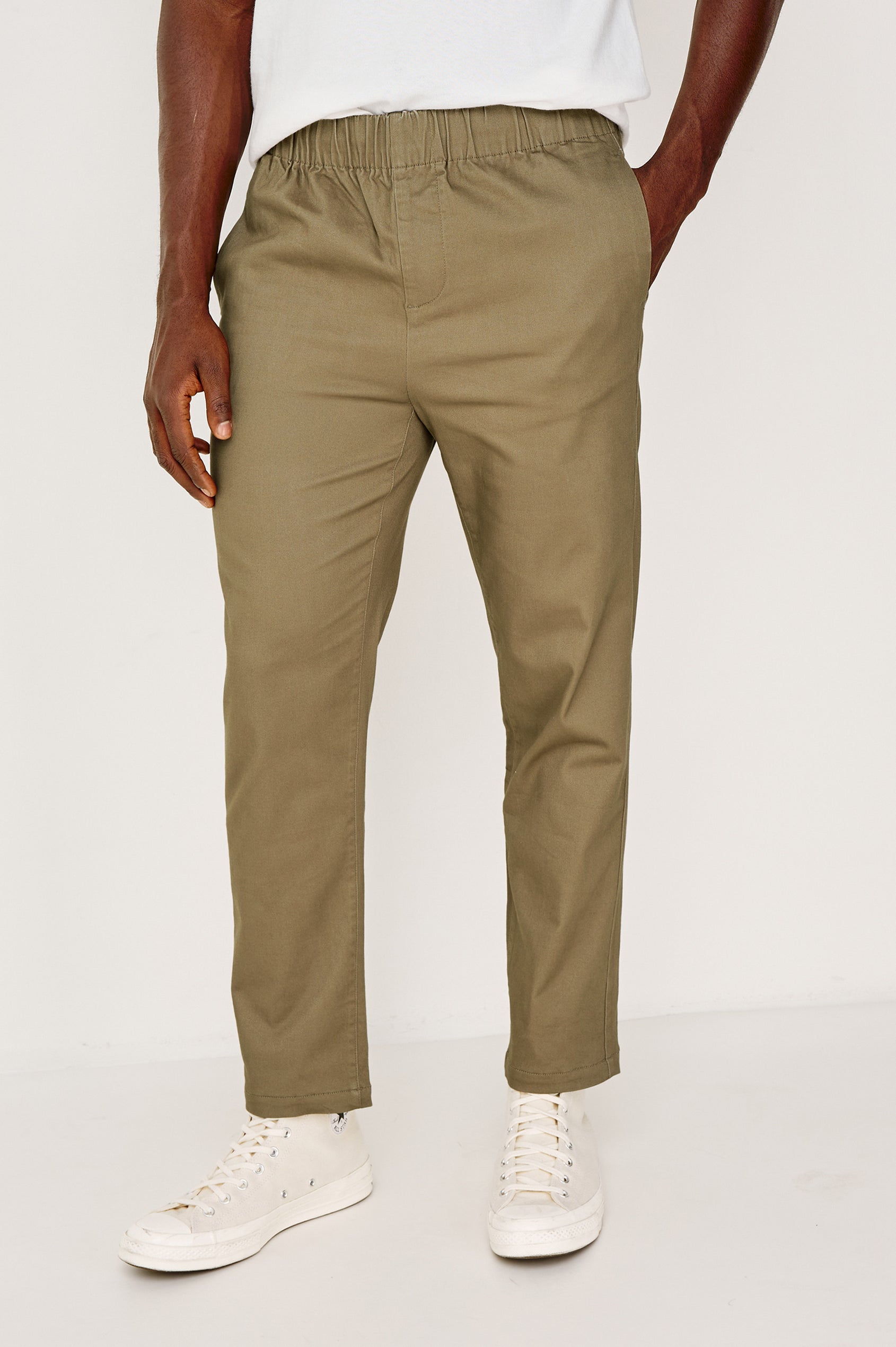 Julian Relaxed Slim Pant in Cotton Blend With Elastic Waist, Back Welt Pockets, and Garment-Dyed for Lived-in Look in Barley Colorway - Lower Body Front View Featured on Model