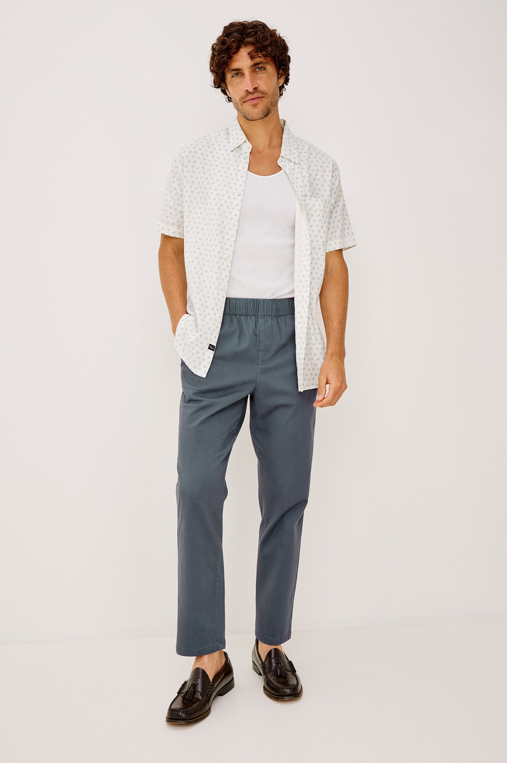 Julian Pant in Cotton Blend With Relaxed Straight Fit, Elastic Waist, and Back Welt Pockets Faded Blue Colorway - Full Body Front View Featured on Model
