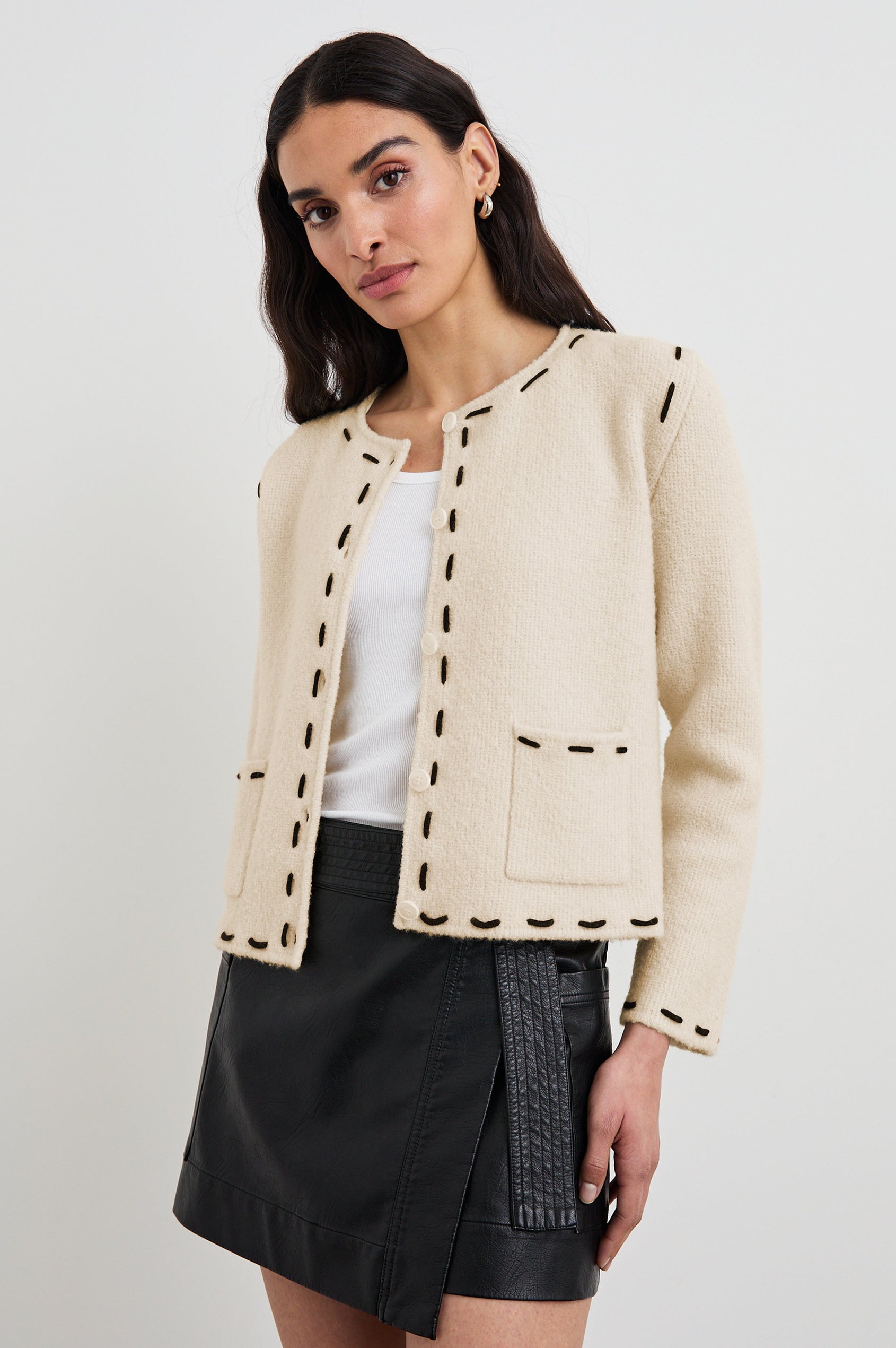Juliette Long-Sleeve Cardigan with Button Closure, Two Front Patch Pockets, and Crew Neck in Ivory Colorway, with Black Trim Stitching - Front View Featured on Model