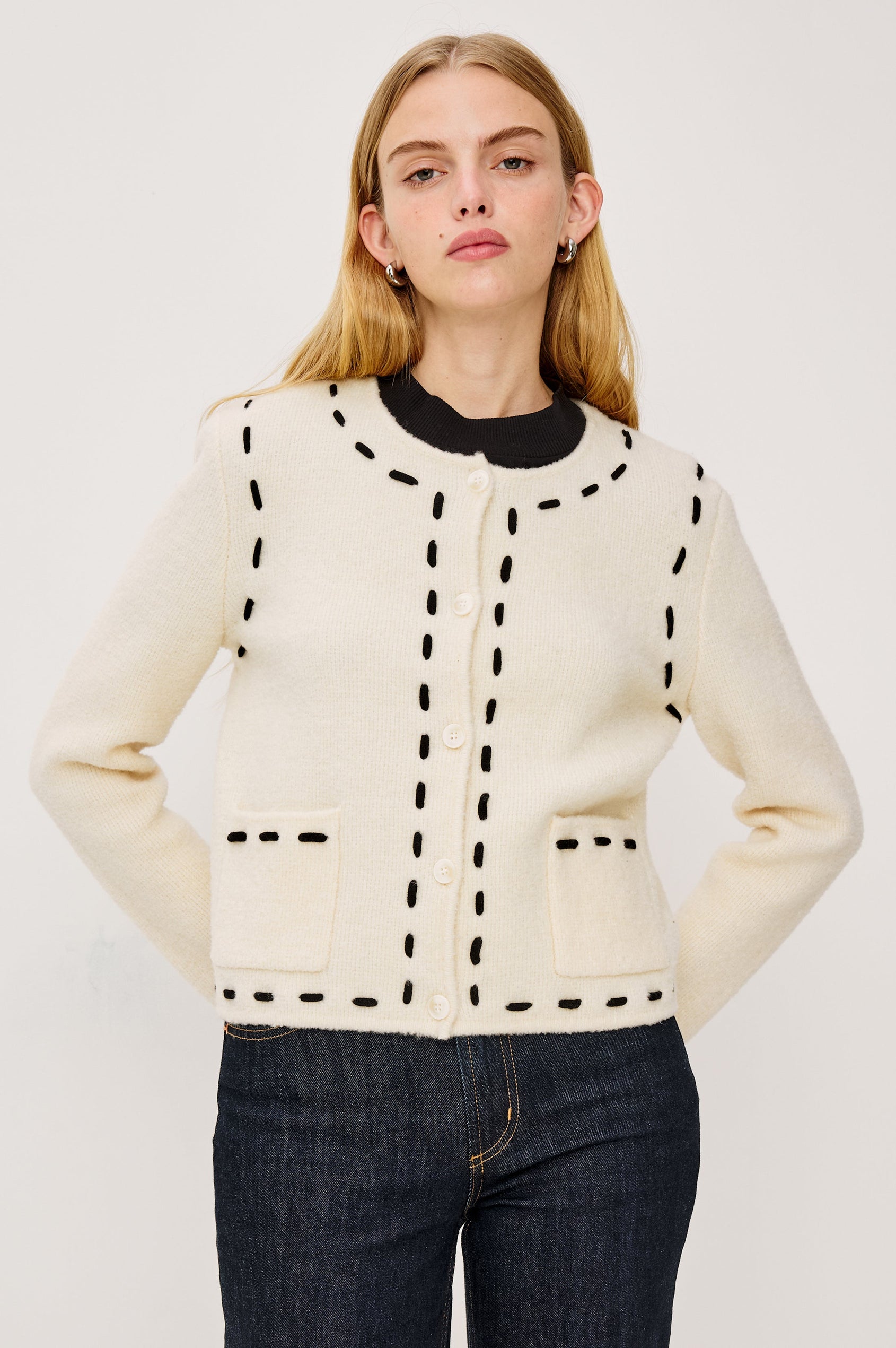 Juliette Long-Sleeve Cardigan with Button Closure, Two Front Patch Pockets, and Crew Neck in Ivory Colorway, with Black Trim Stitching - Front View Featured on Model