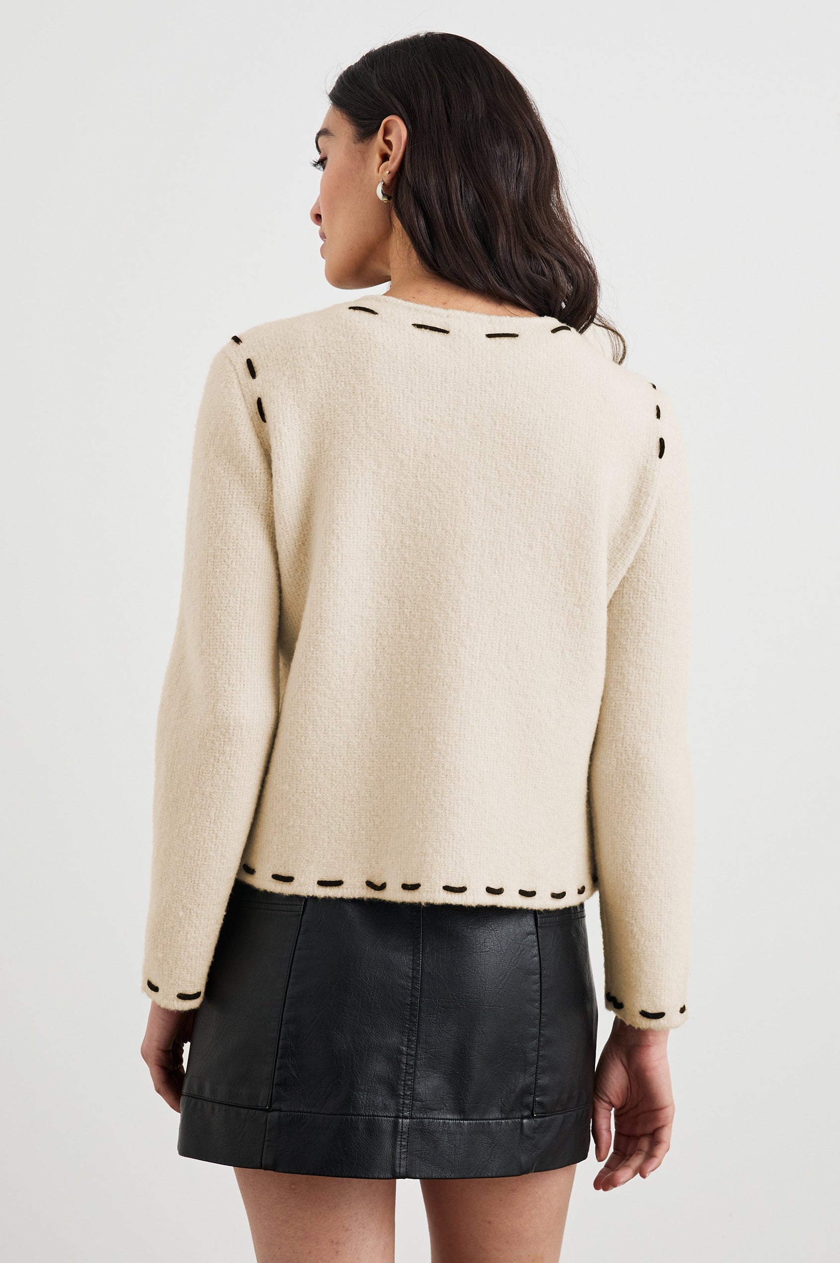 Juliette Long-Sleeve Cardigan with Button Closure, Two Front Patch Pockets, and Crew Neck in Ivory Colorway, with Black Trim Stitching - Back View Featured on Model