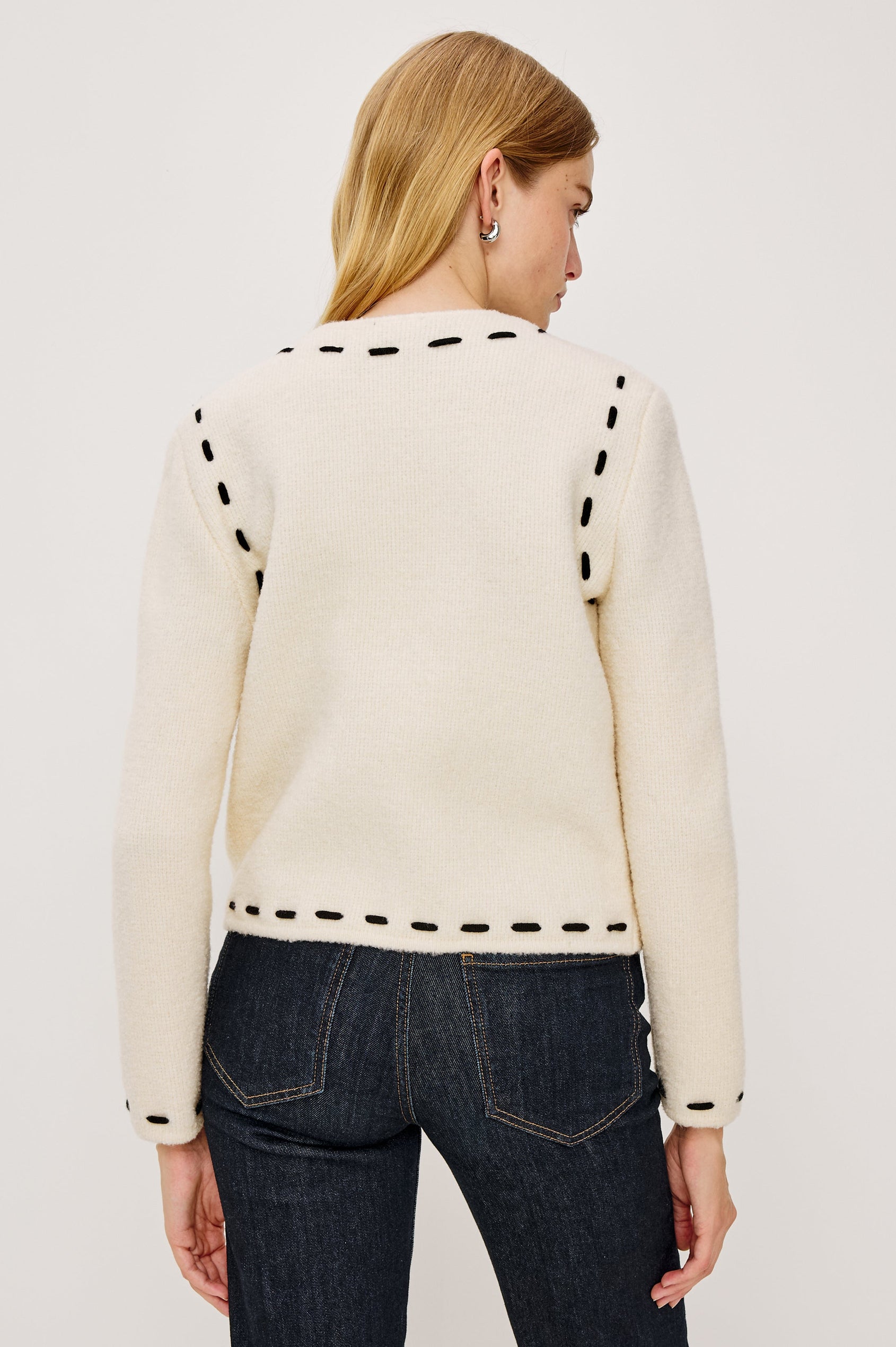 Juliette Long-Sleeve Cardigan with Button Closure, Two Front Patch Pockets, and Crew Neck in Ivory Colorway, with Black Trim Stitching - Back View Featured on Model