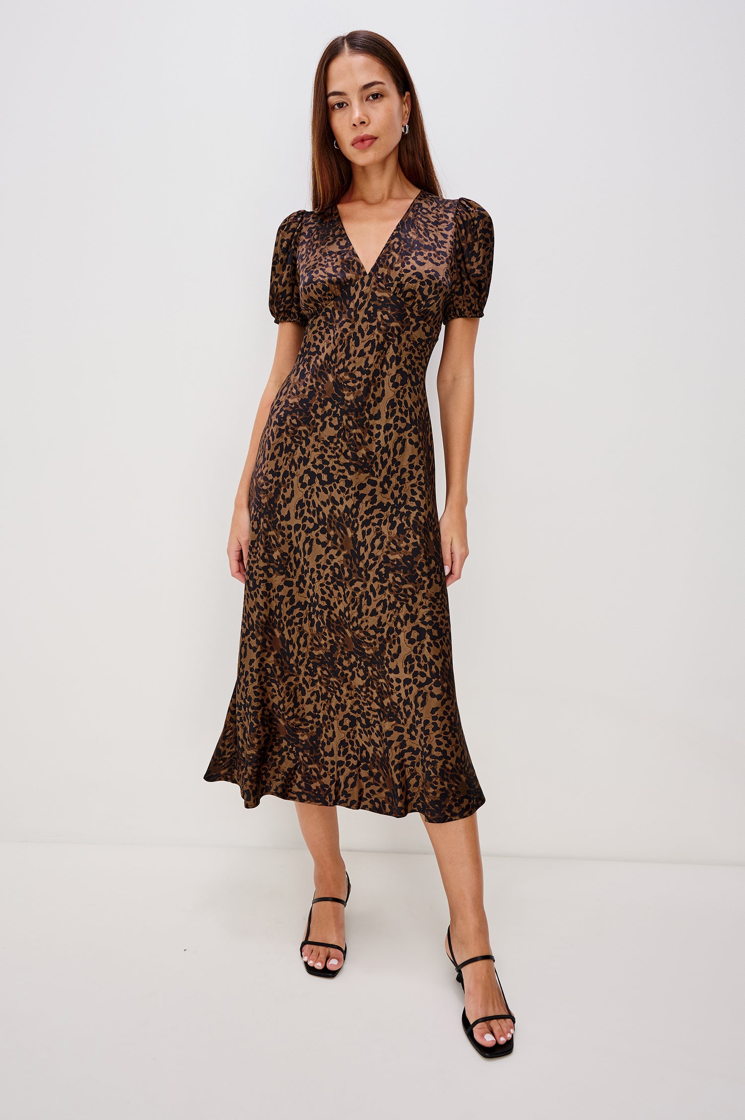 Junia Midi-Length Bias-Cut Slip Dress in Satin-Back Crepe With a V-Neckline, and Short Puff Sleeves in Ginger Spotted Colorway - Full Body Front View Featured on Model