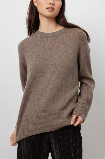 Juno Long-Sleeve Sweater with Crew Neck and Ribbed Trim in Hazelnut Colorway - Front View Featured on Model 