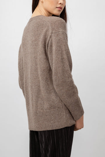 Juno Long-Sleeve Sweater with Crew Neck and Ribbed Trim in Hazelnut Colorway - Side View Featured on Model 