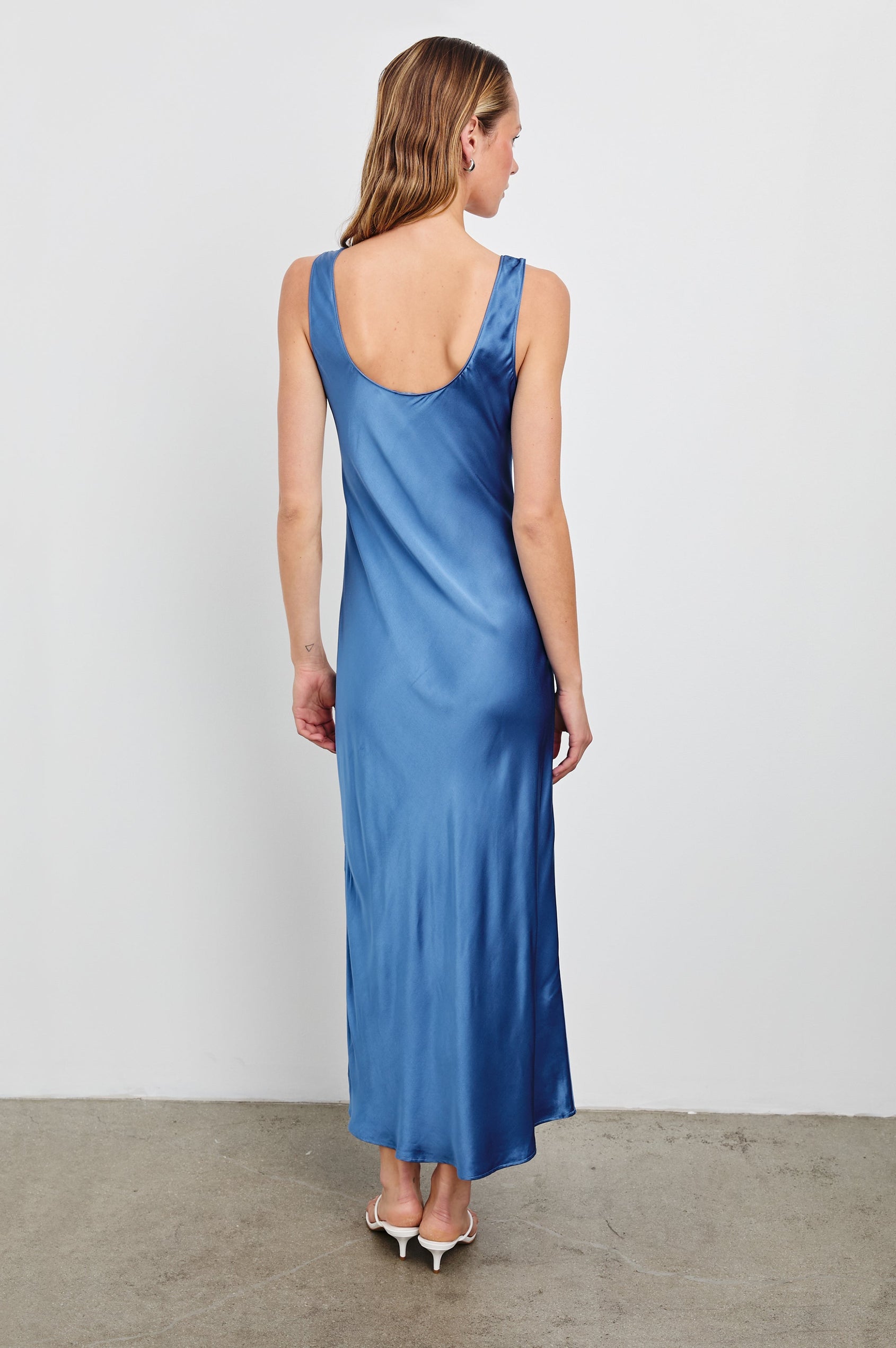 Kailani Sleeveless Midi Dress with Shoulder Straps, a Scoop Neck and Side Slit to the Knee in Atlantic Colorway - Back Full Body View Featured on Model